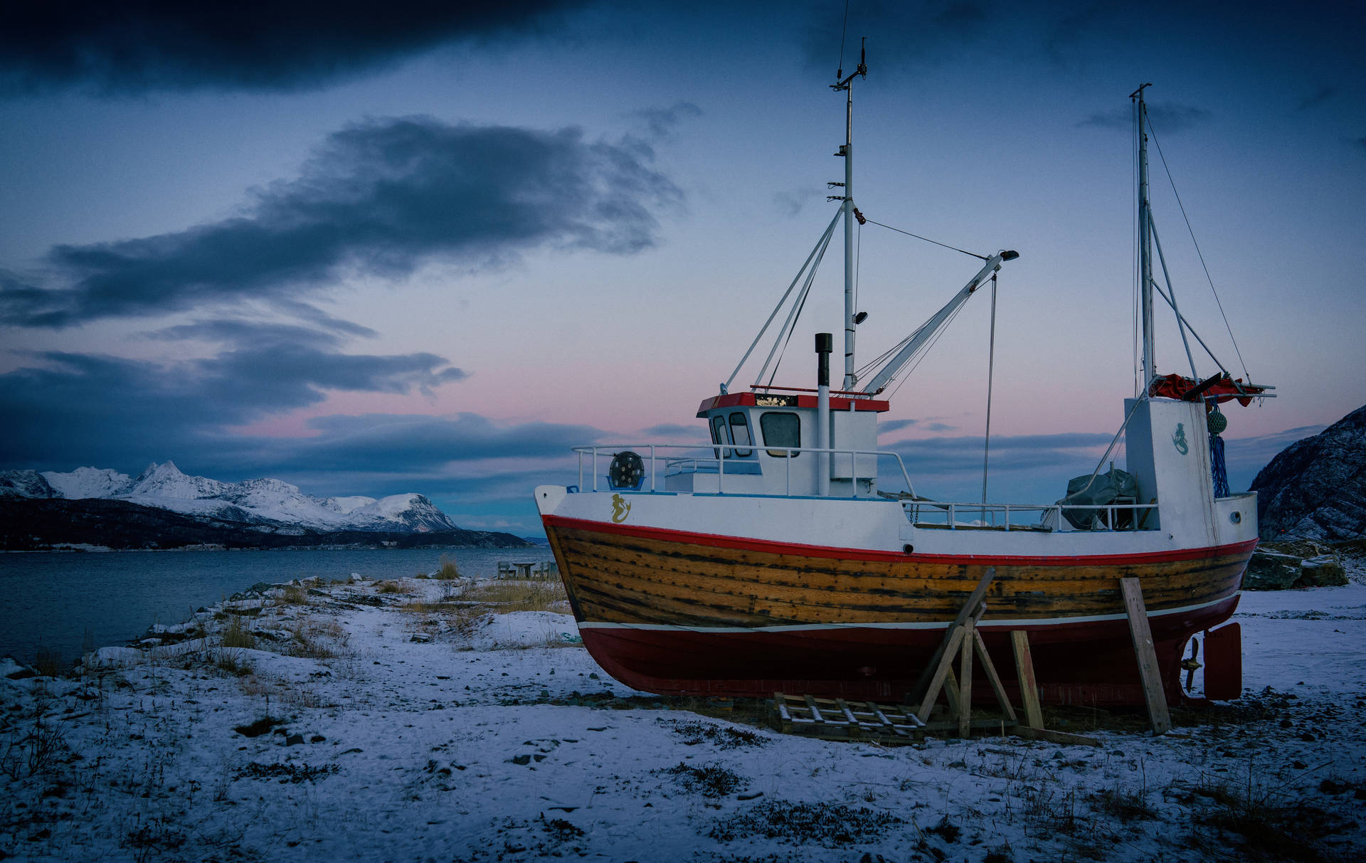 Norway Sørkjosen Boat On Land Background