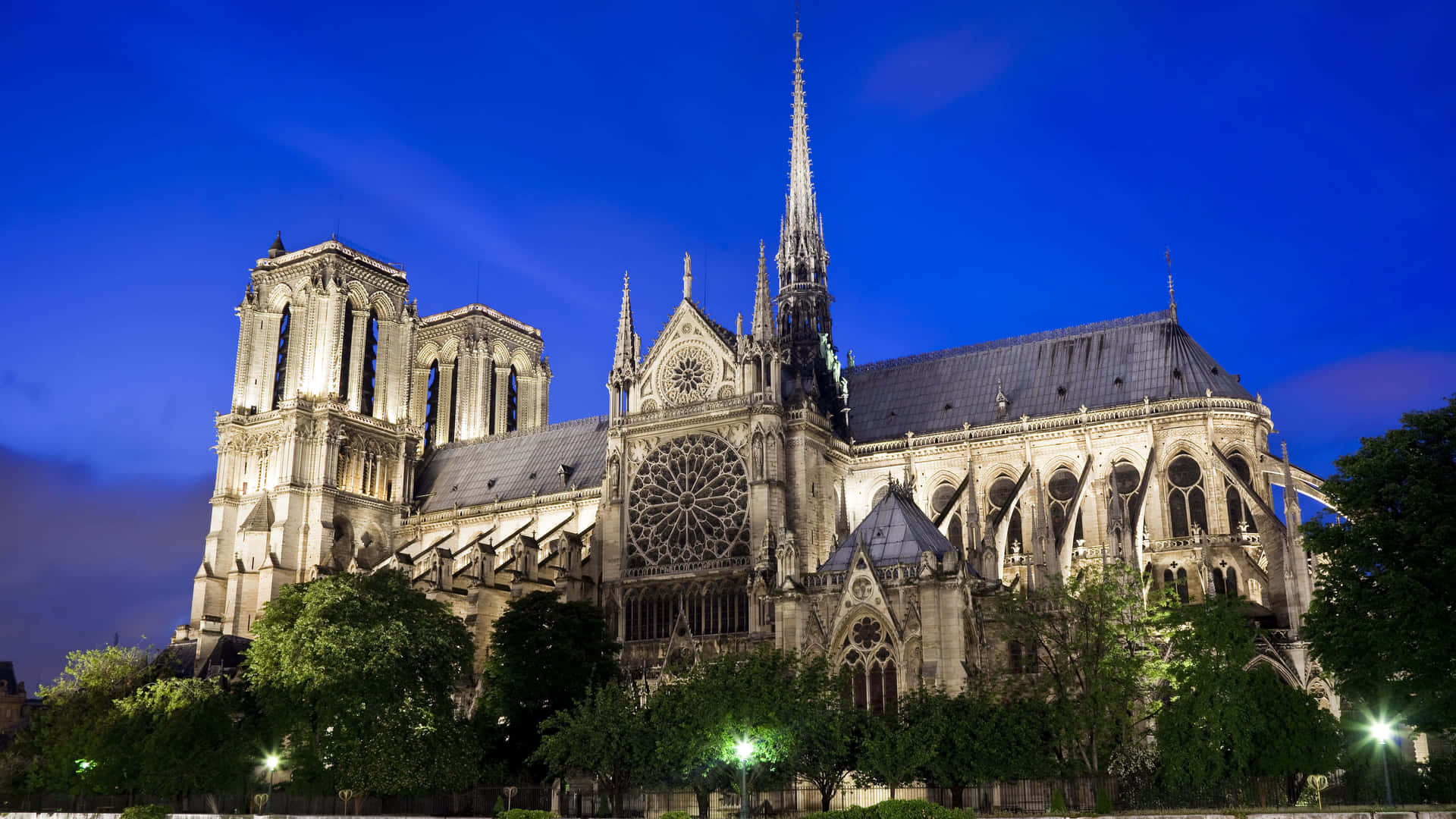 Notre Dame Cathedral Against Royal Blue Sky Background