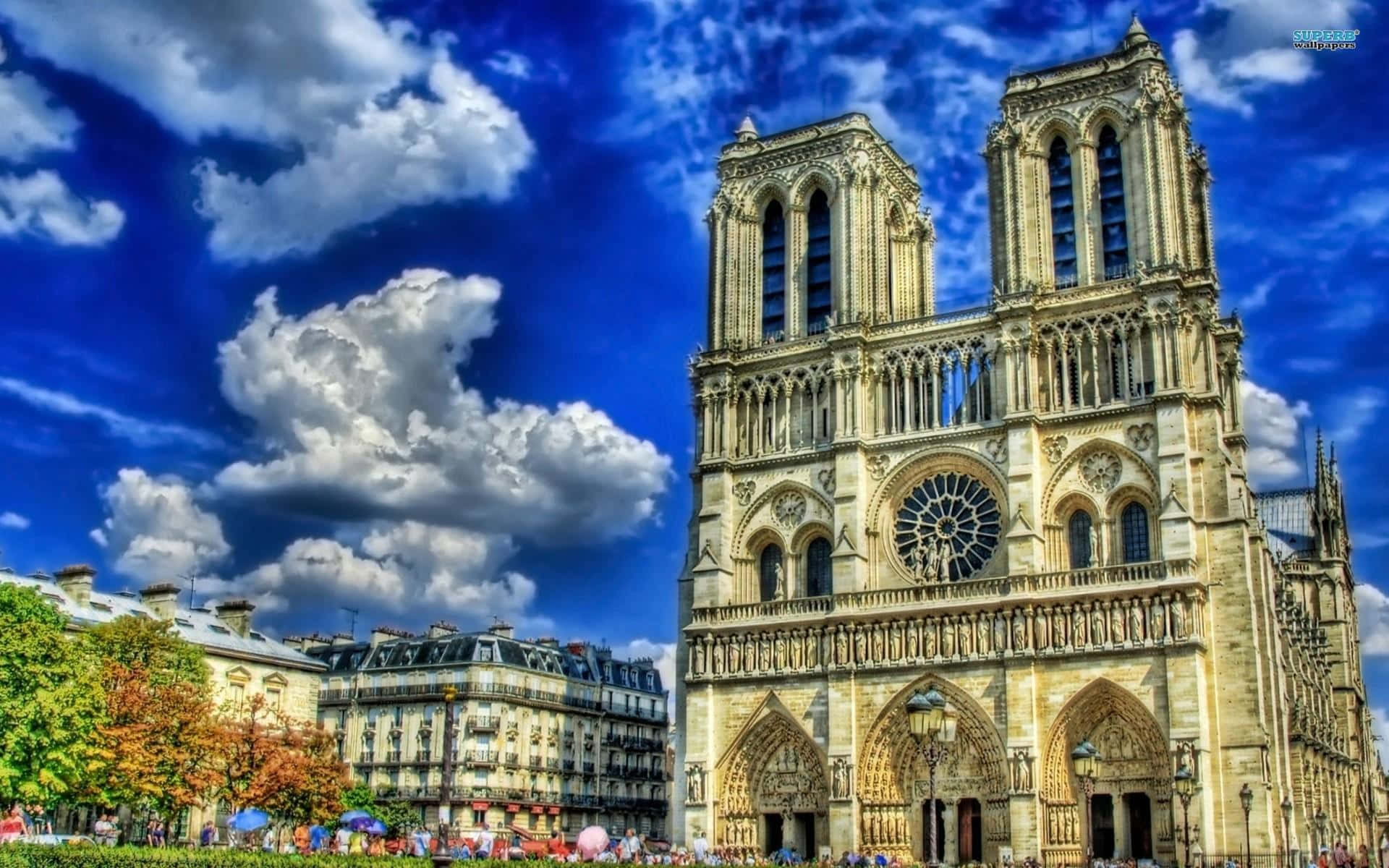 Notre Dame Cathedral With Tourists Lined Up Background