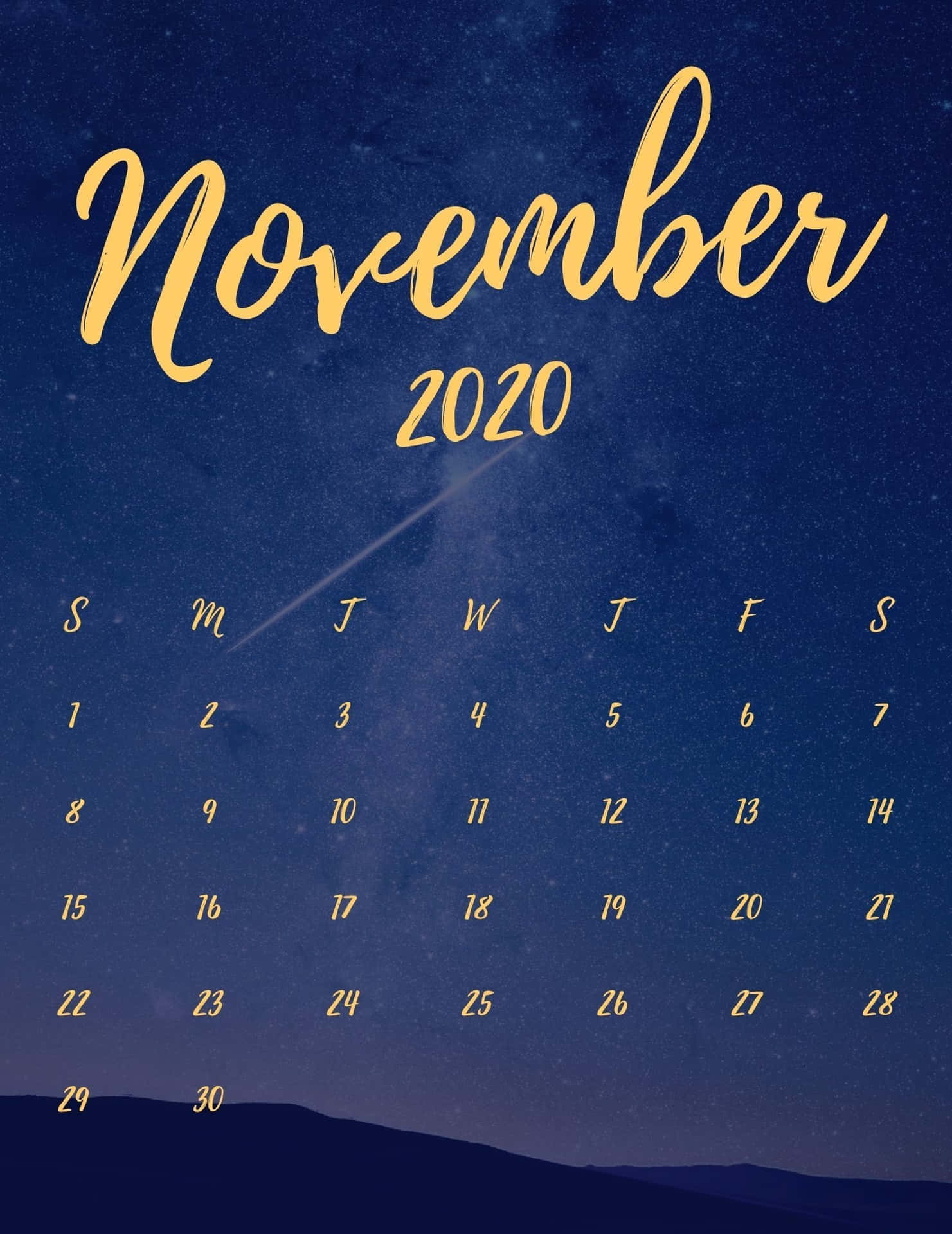 November 2020 Calendar Starry Sky Background