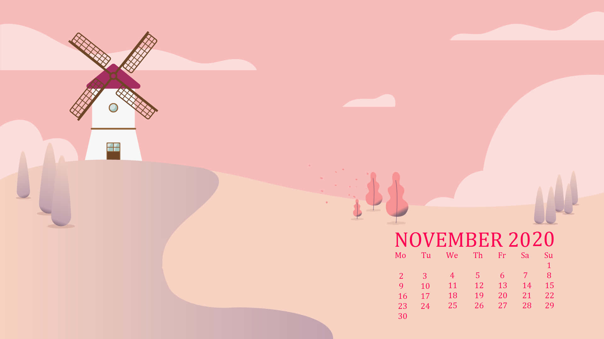 November 2020 Calendar With A Windmill And Trees Background