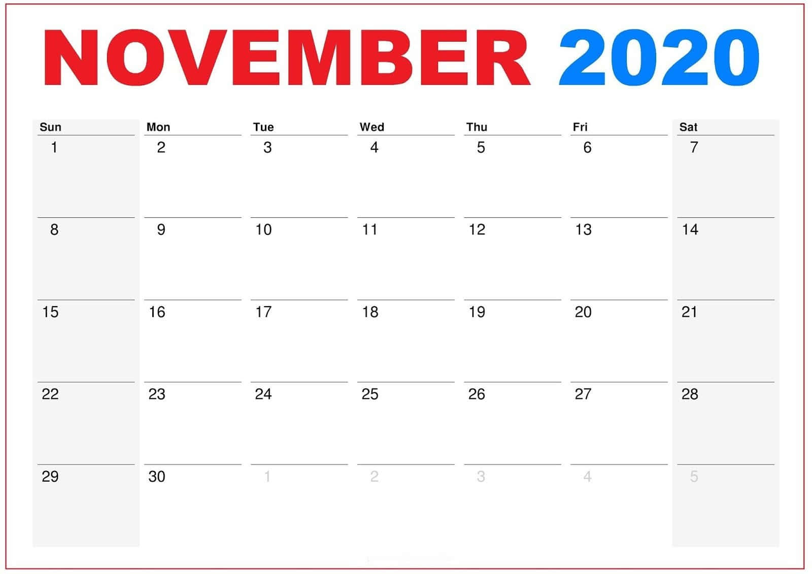 November 2020 Calendar With Blue And Red Background