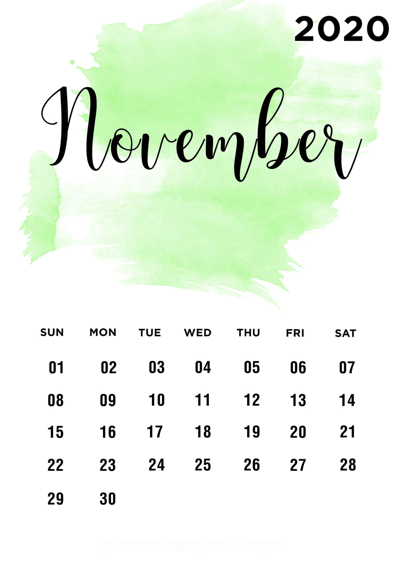 November 2020 Calendar With Green Watercolor Paint Background