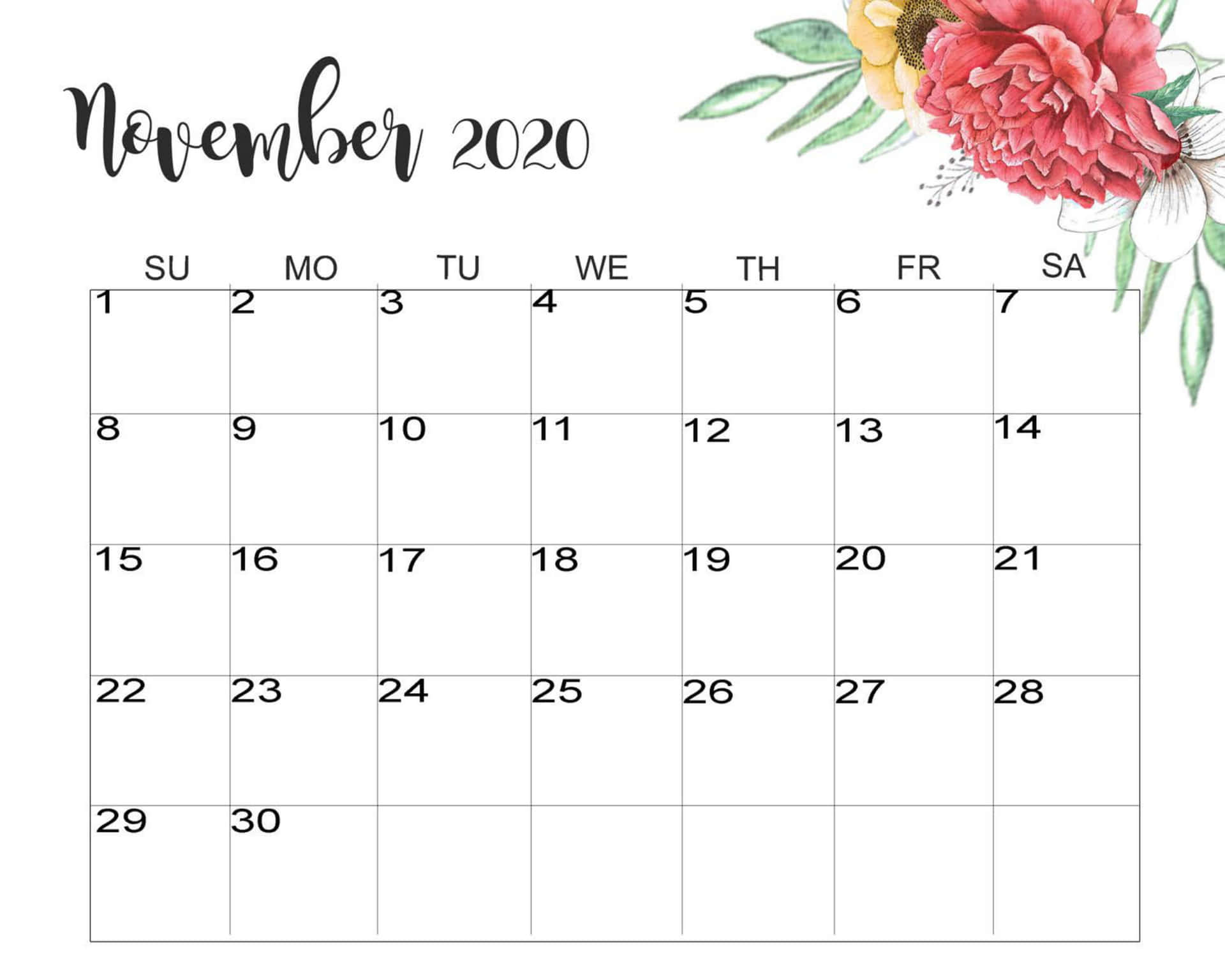 November 2020 Calendar With Red Leaves Background