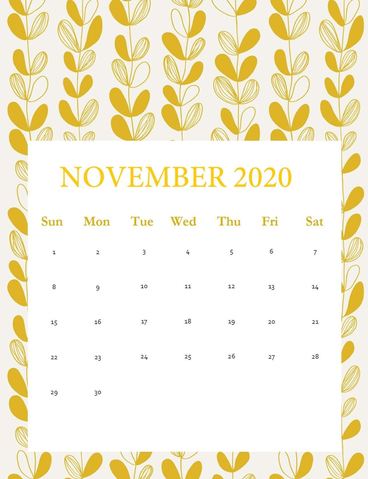 November 2020 Calendar Yellow Template Background