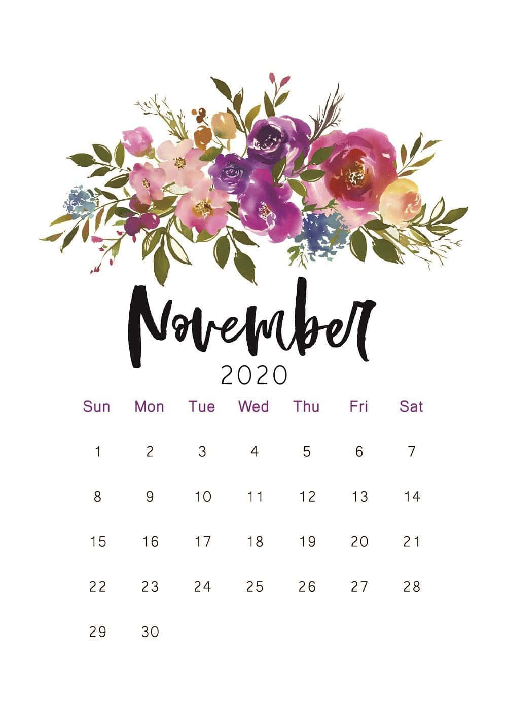 November 2020 Floral Calendar Background