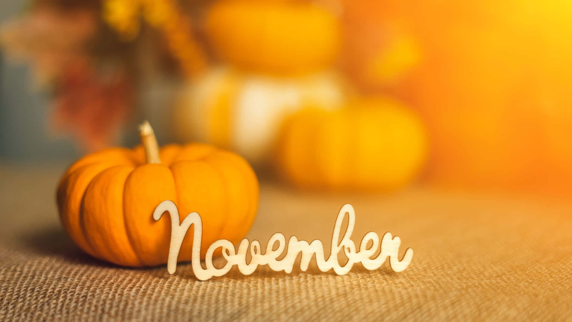 November Pumpkins On A Table With A Candle Background