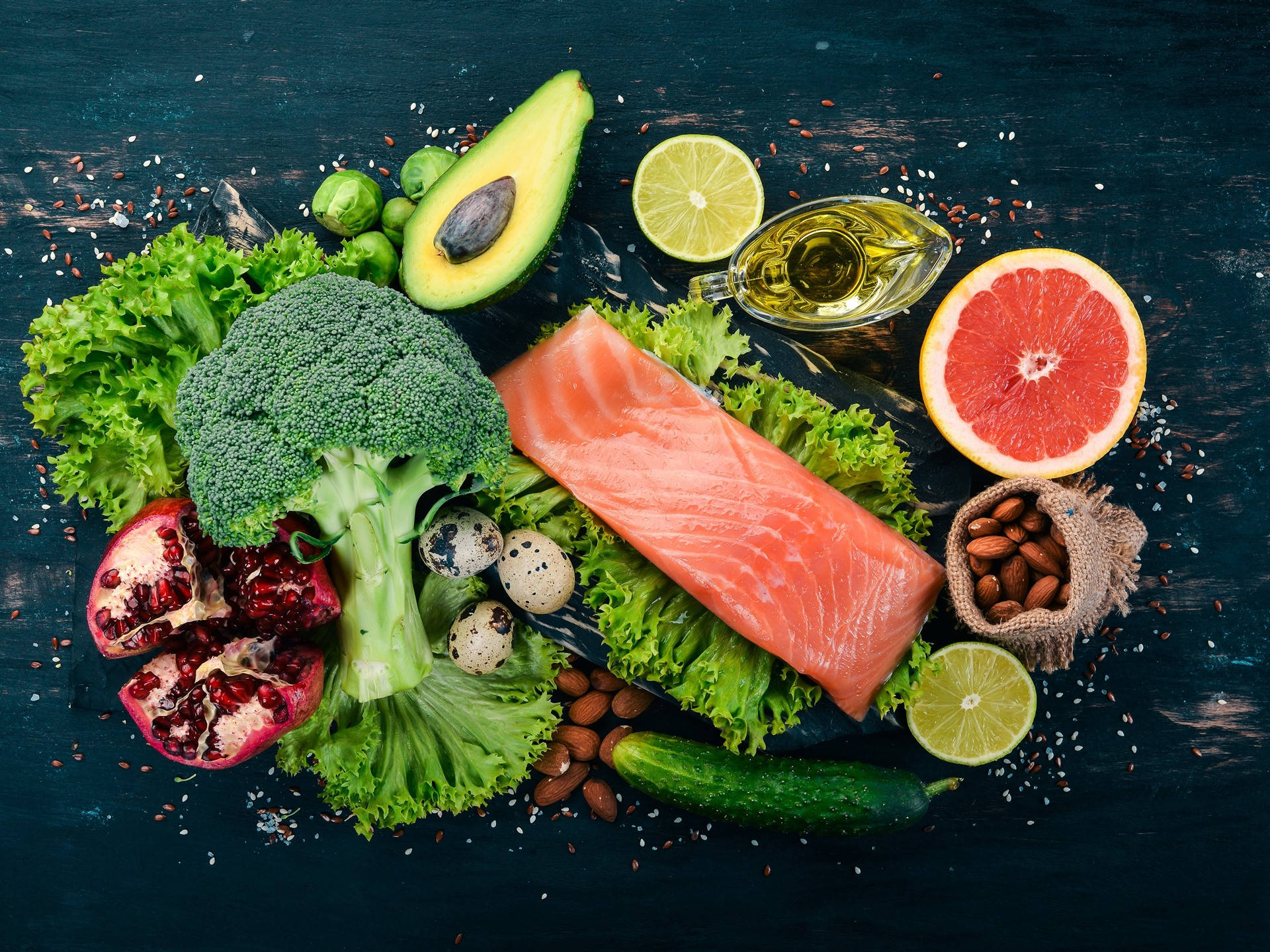 Nutritious Meal With Broccoli And Pink Salmon Background