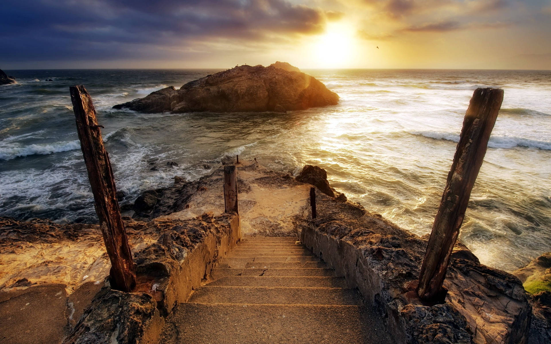 Ocean Stairs Sunset Background