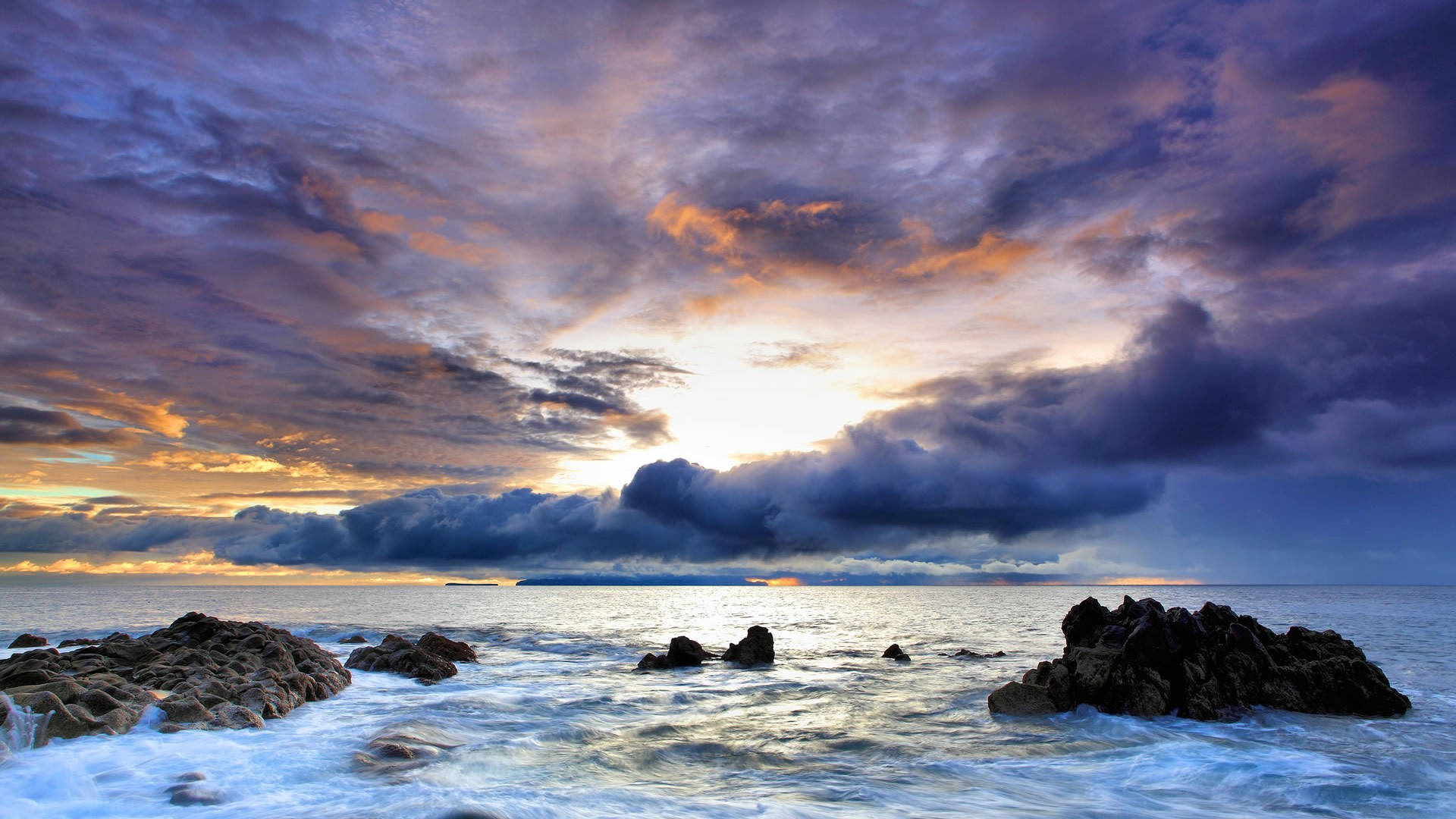 Ocean With Rocks Sunrise Nature Background