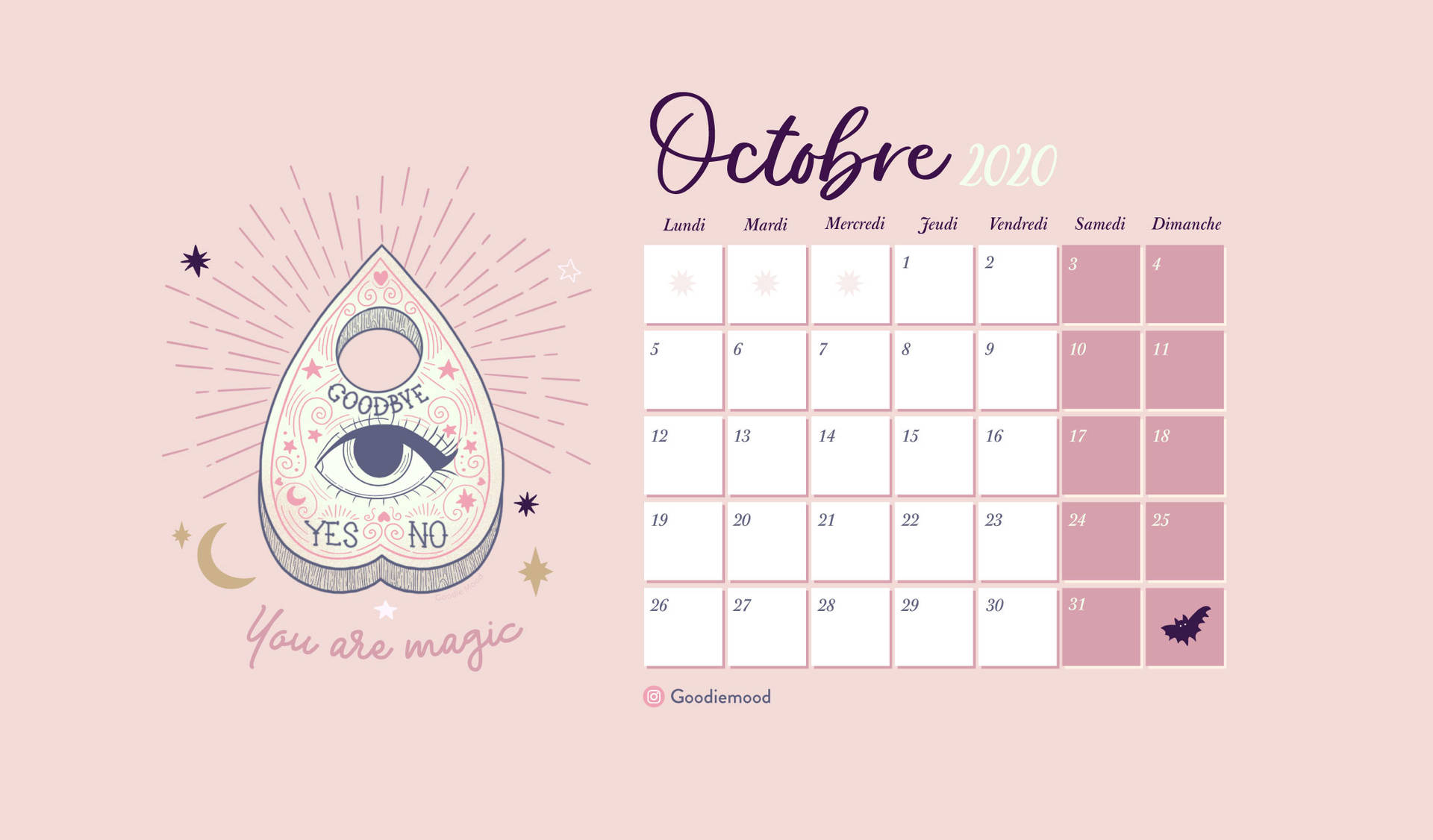 October 2019 Calendar With A Pink And Purple Design Background