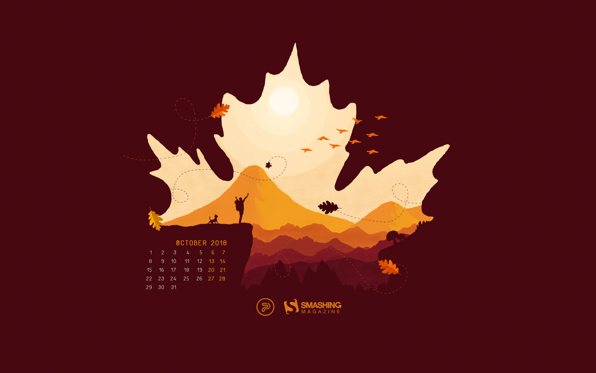 October 2020 Calendar Maroon Background