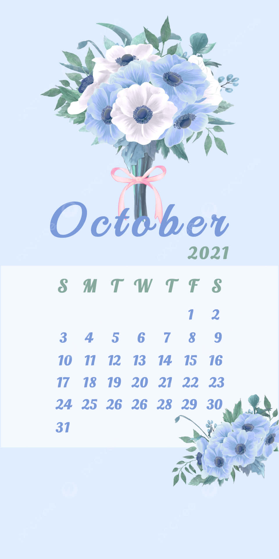 October 2020 Calendar With Blue Flowers Background