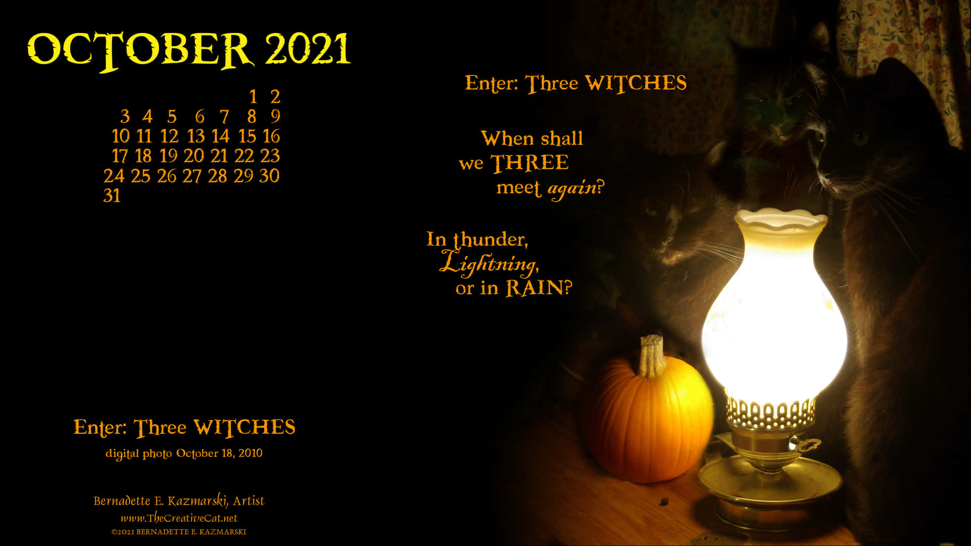 October 2021 Calendar With Cats And A Lamp Background