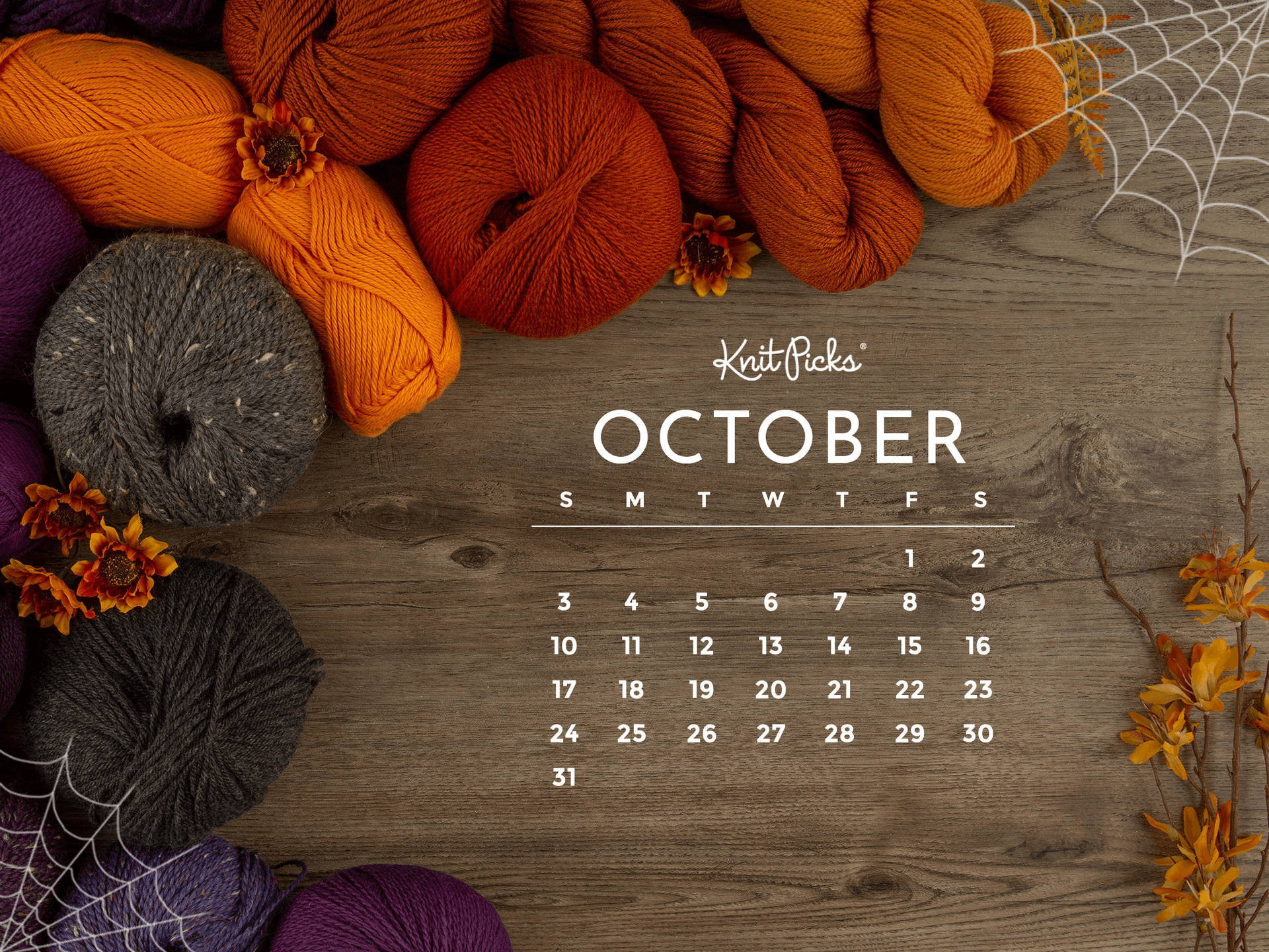 October Calendar With Yarn And Spiders Background