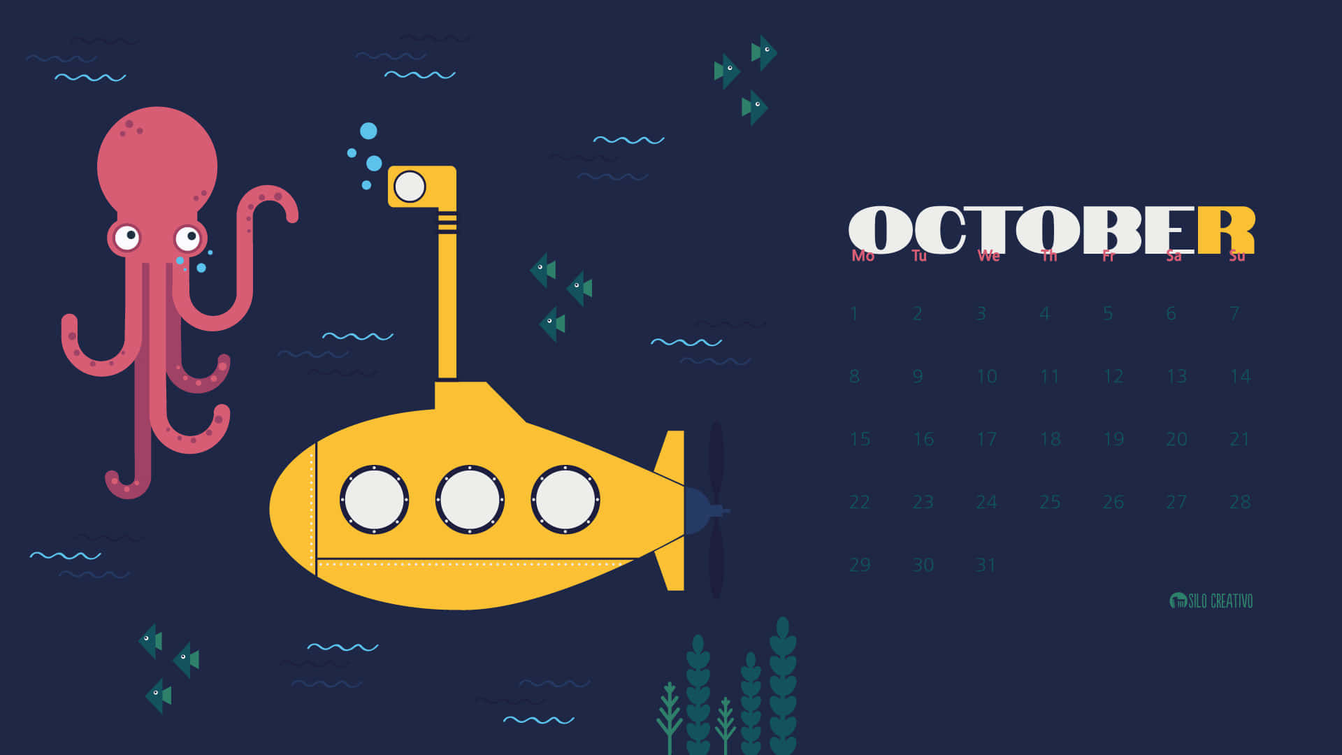 October Wallpaper With A Submarine And Octopus Background