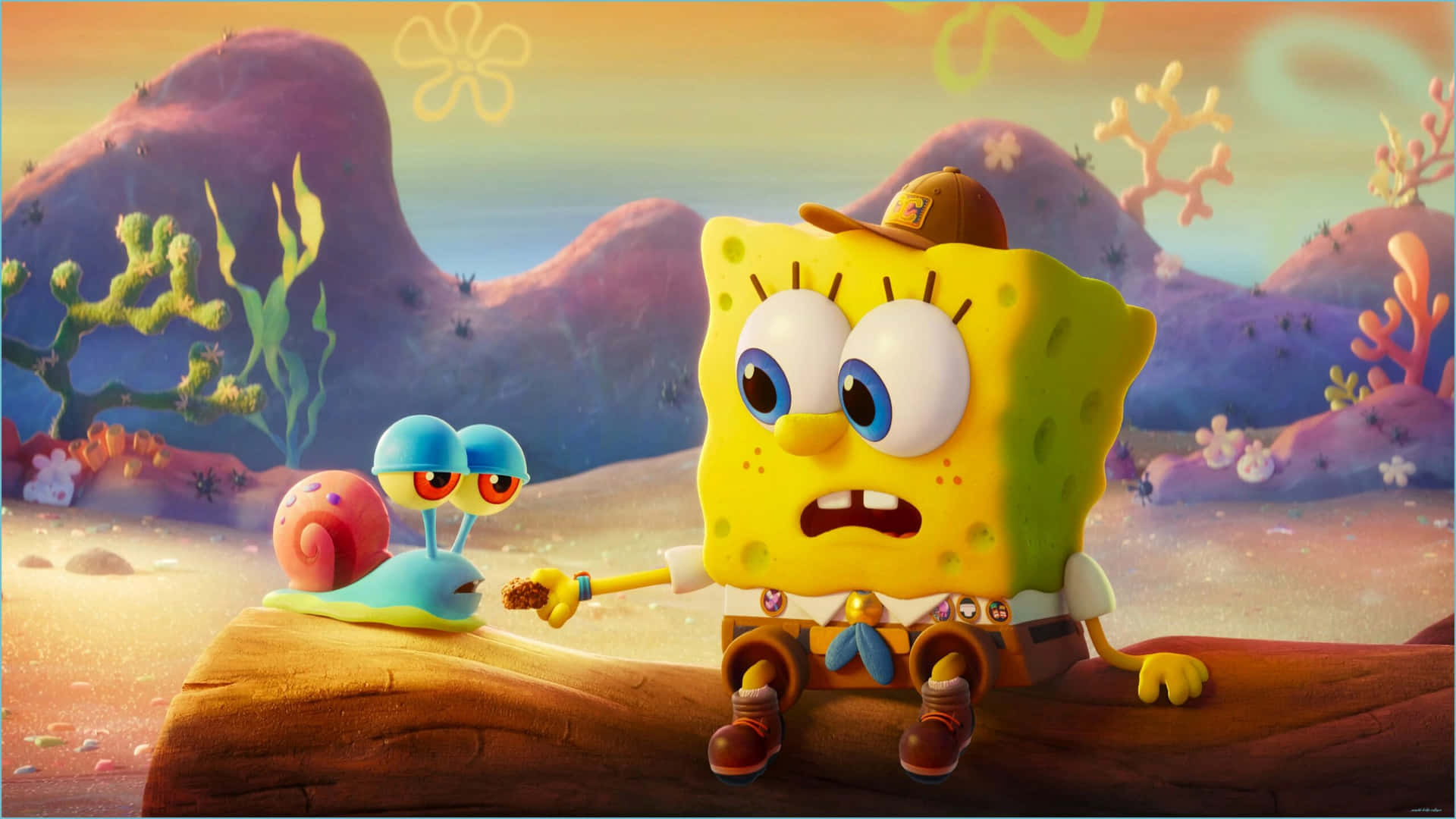Offering Food To Gary Aesthetic Spongebob Desktop Background