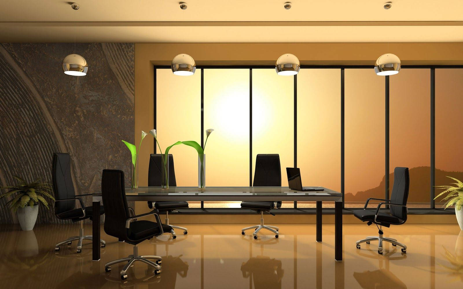 Office Desk Conference Room At Sunset Background