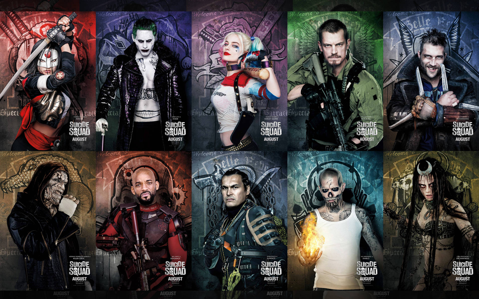 Official Suicide Squad Movie Poster Featuring The Team And Their Superpower Weapons Background
