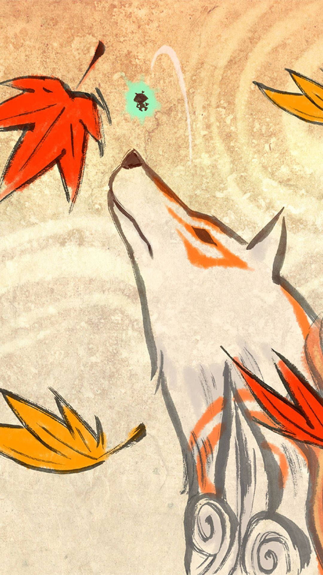 Okami And Fall Leaves Phone Background