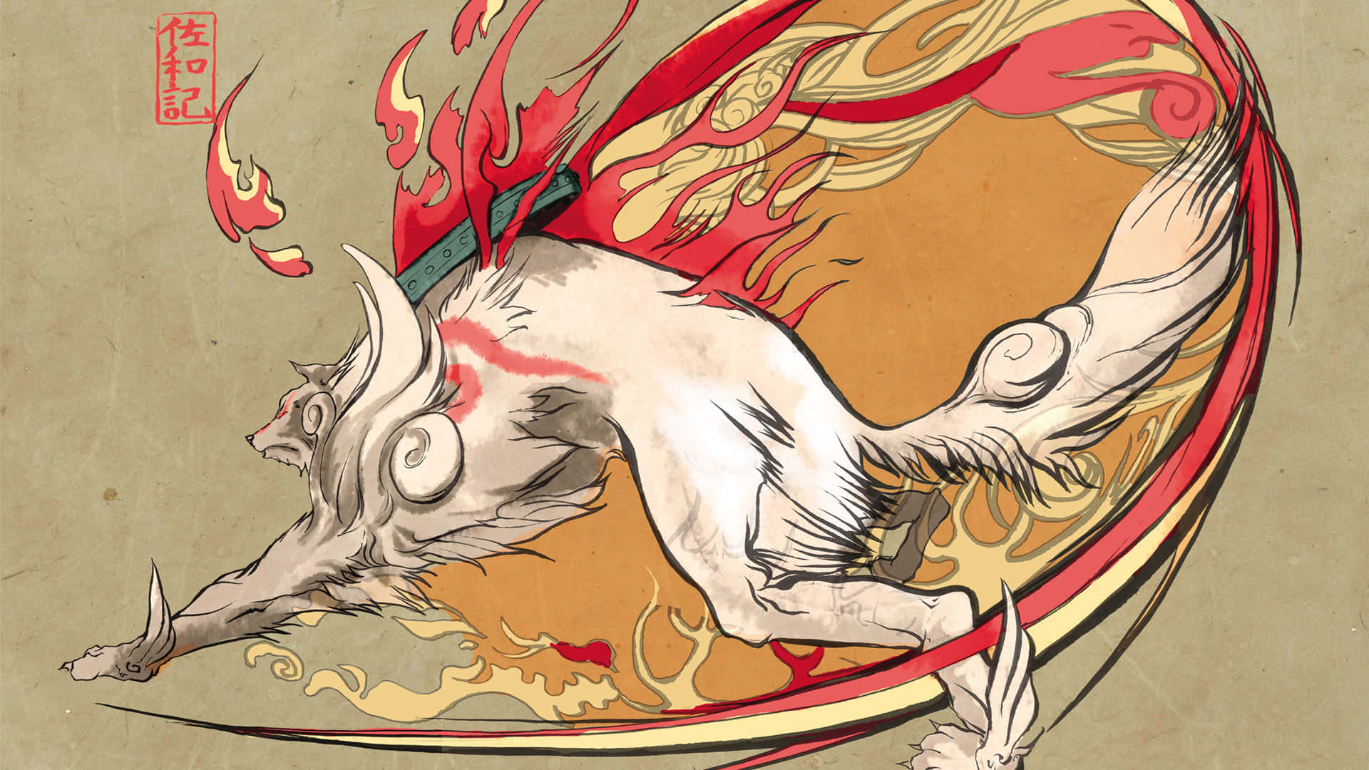 Okami Dog Drawing Flames Hd Background