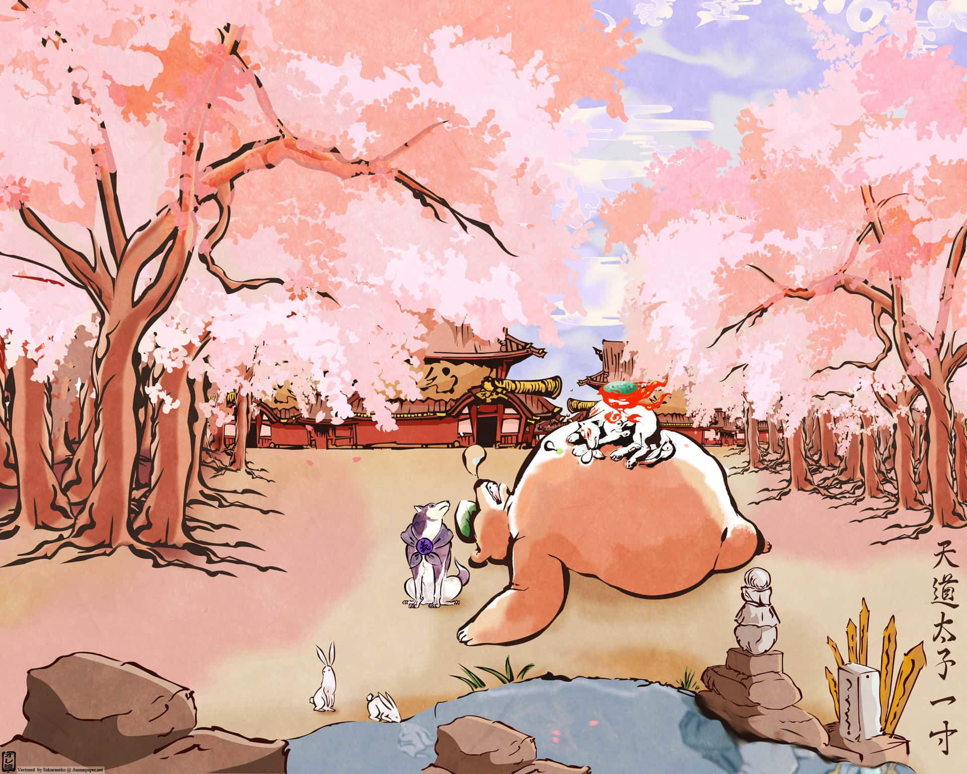 Okami Pig And Cat Drawing Hd Background