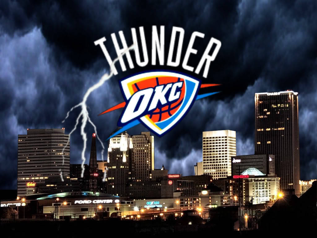 Oklahoma City Thunder Logo With City Skyline Background