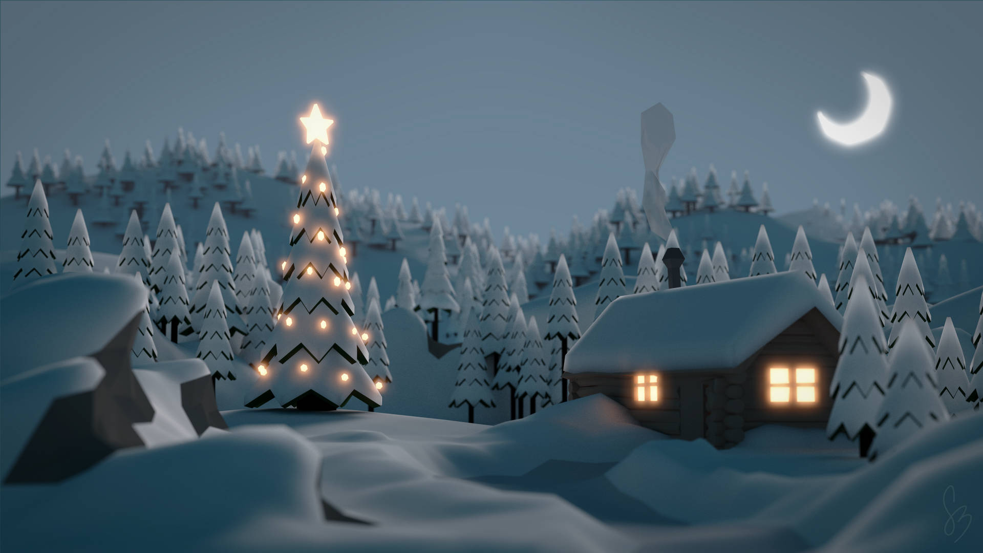 Old Aesthetic Christmas Tree And Cabin Background