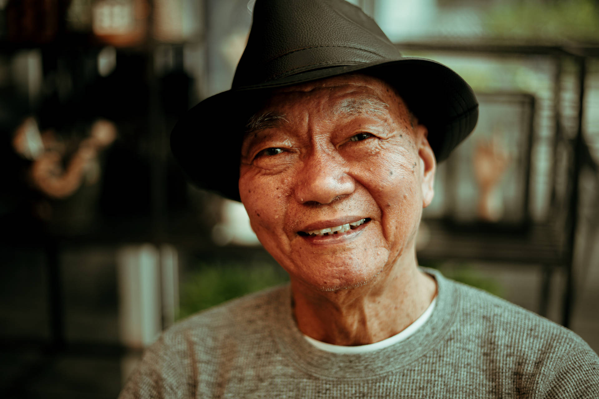 Old Asian Man Smile And Hat Background