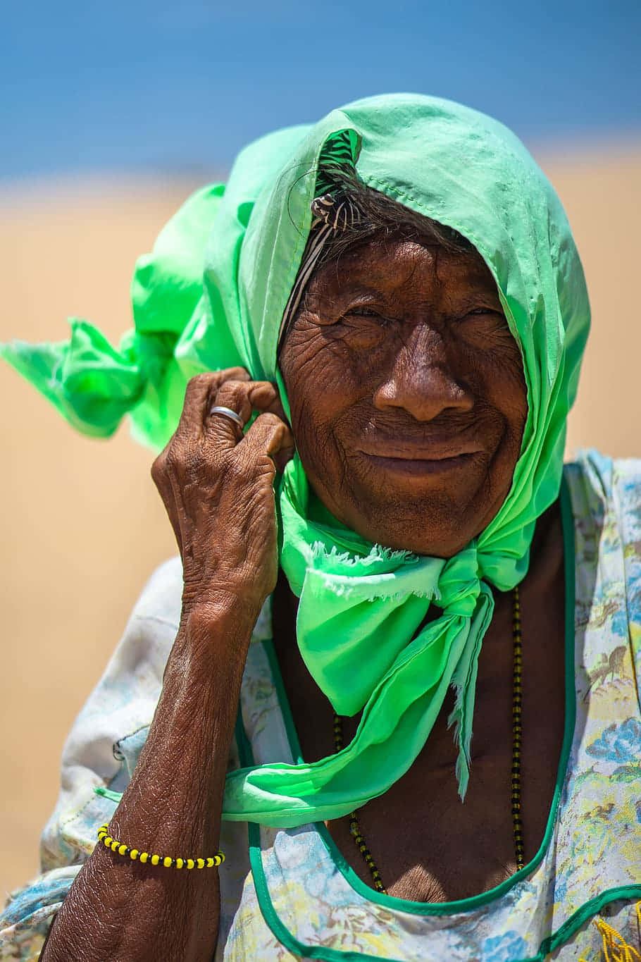 Old Lady In Neon Green Scarf Background