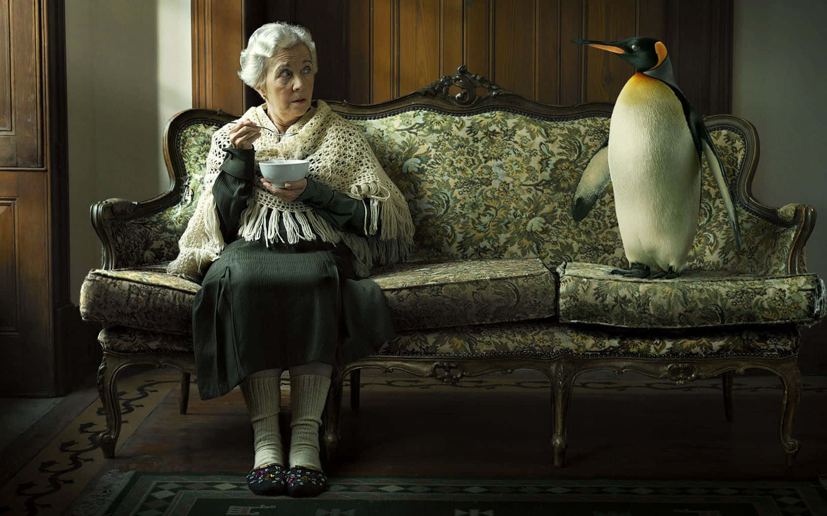 Old Lady On Couch With Penguin Background