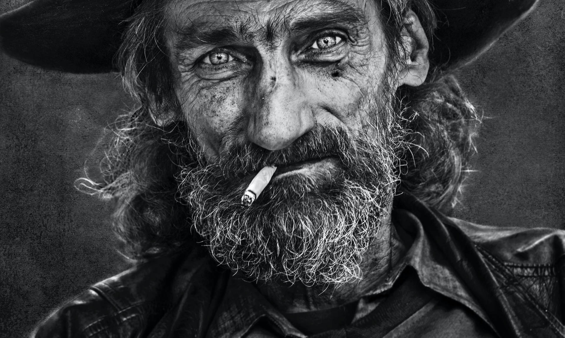 Old Man Smoking Black And White Portrait Background