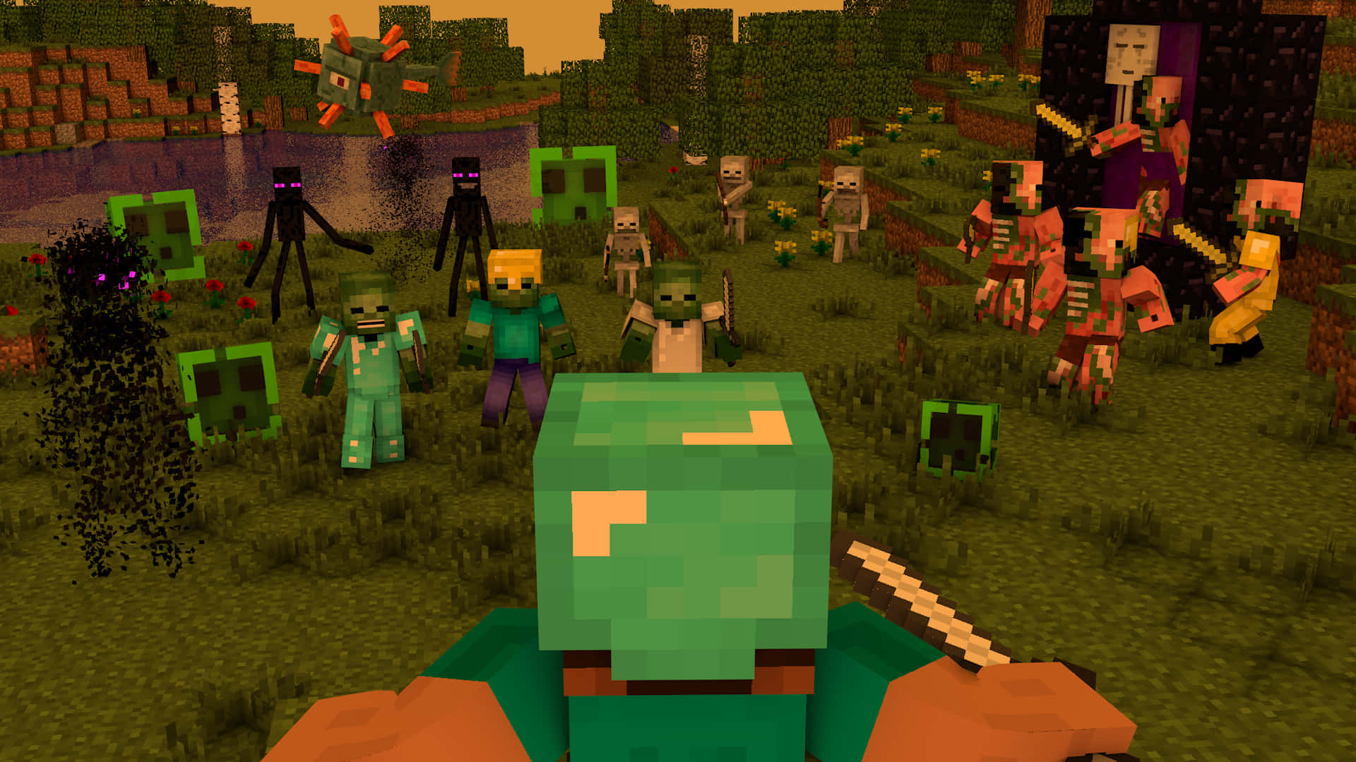 Old Video Game Minecraft Zombies Background