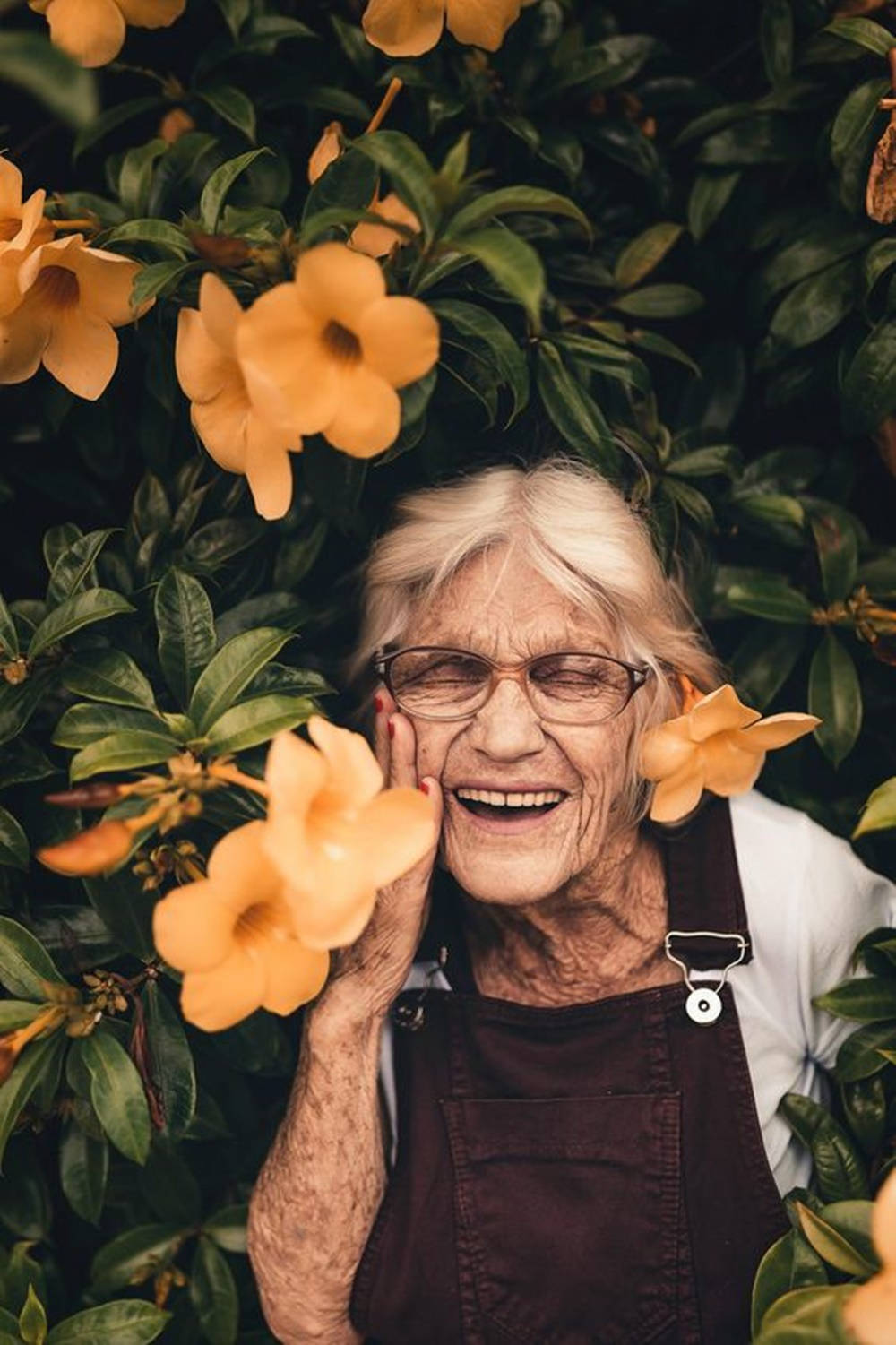 Old Woman Posing On Yellow Bell Flowers Background