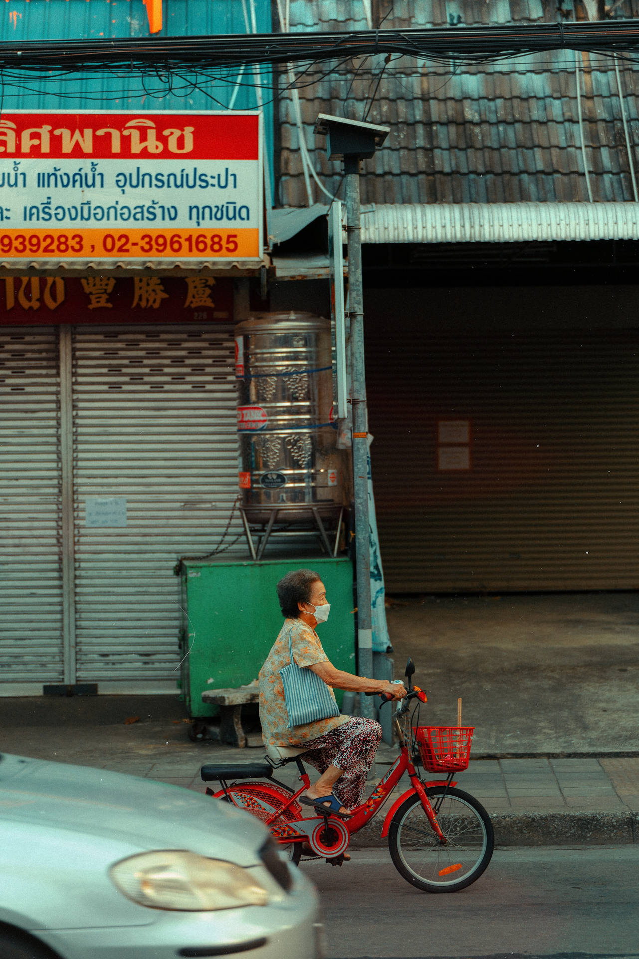 Old Woman Riding Red Bike Background