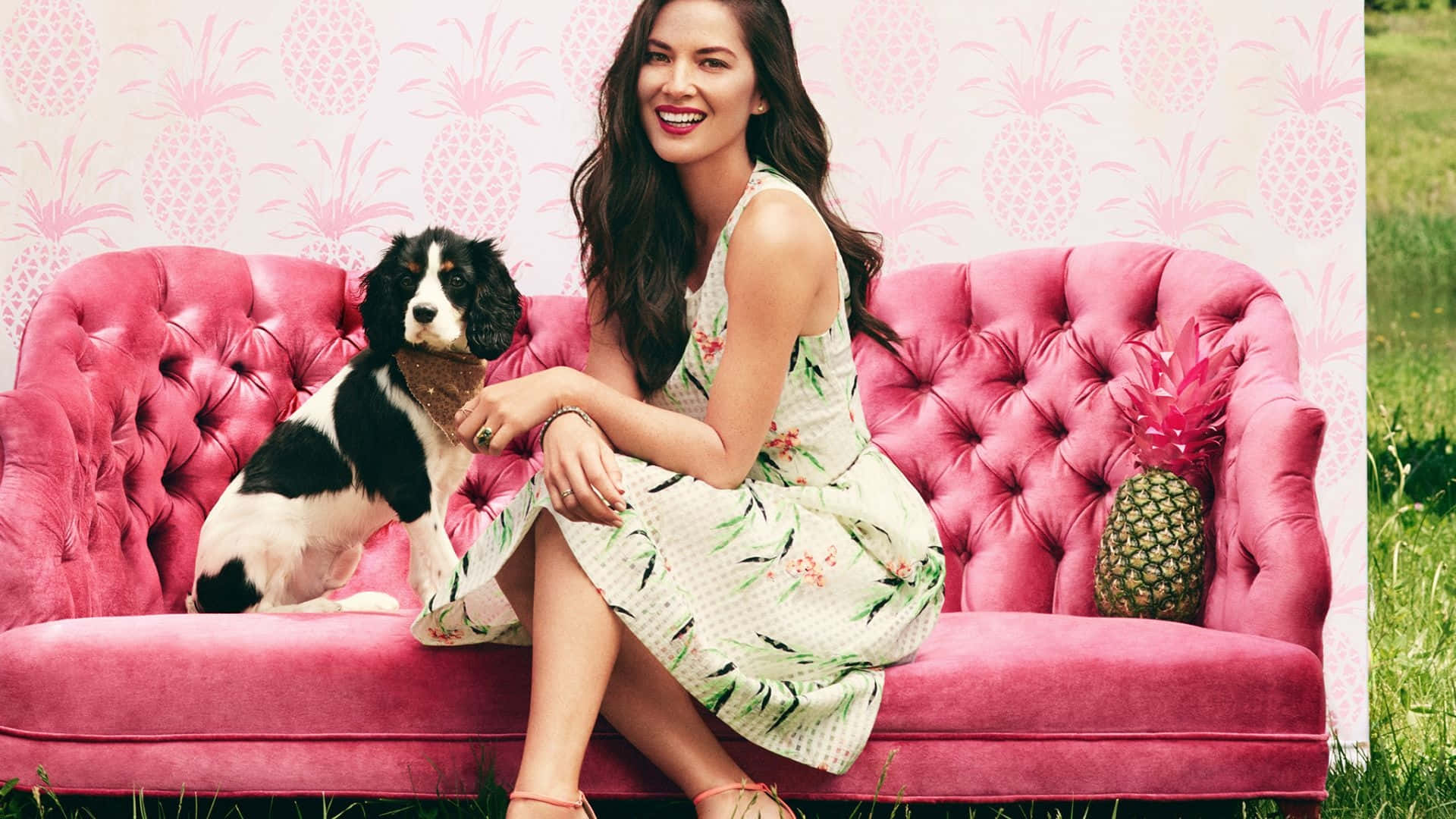 Olivia Munn Summer Style With Dog Background