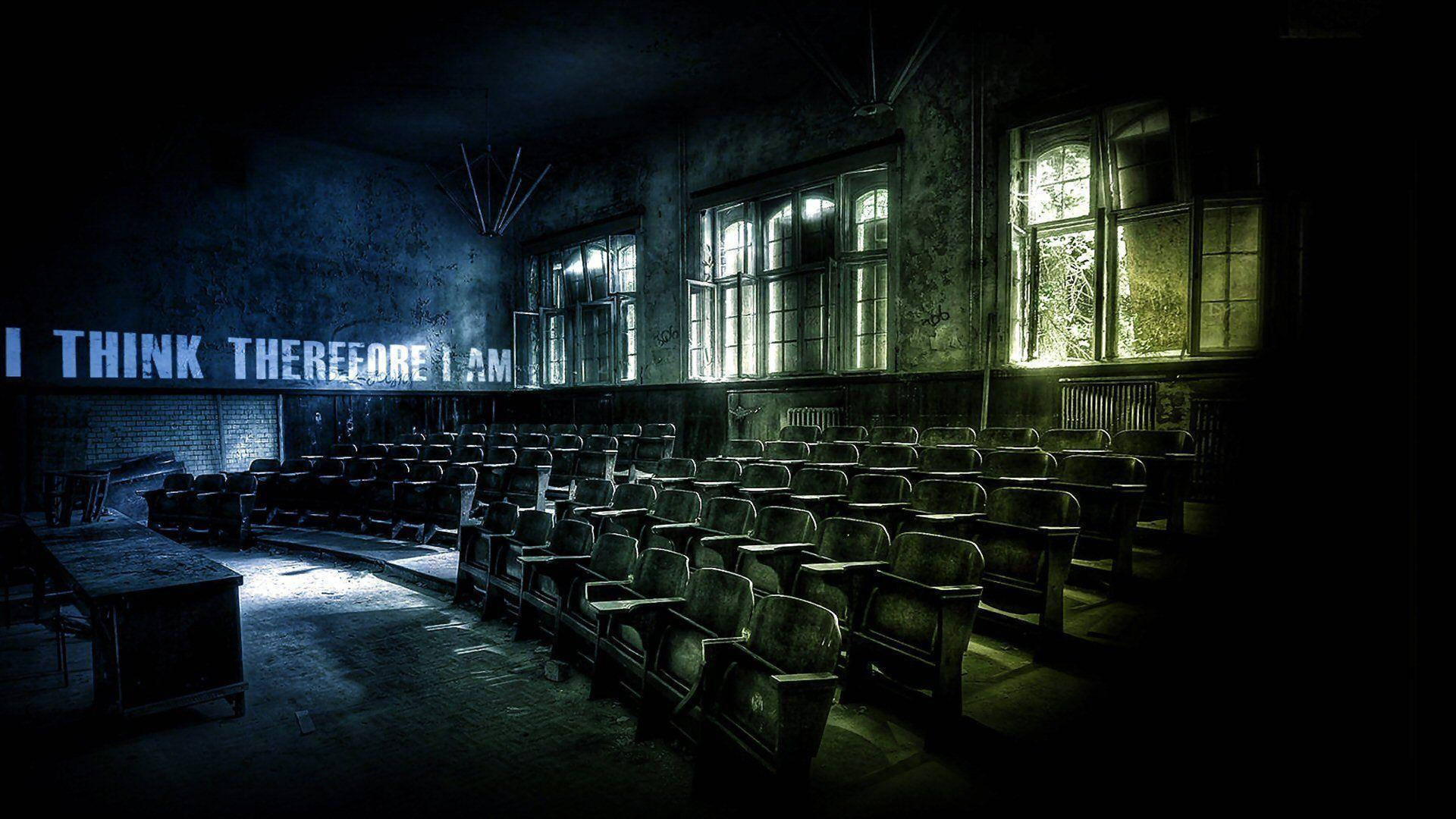 Ominous Abandoned Classroom With Quote Background