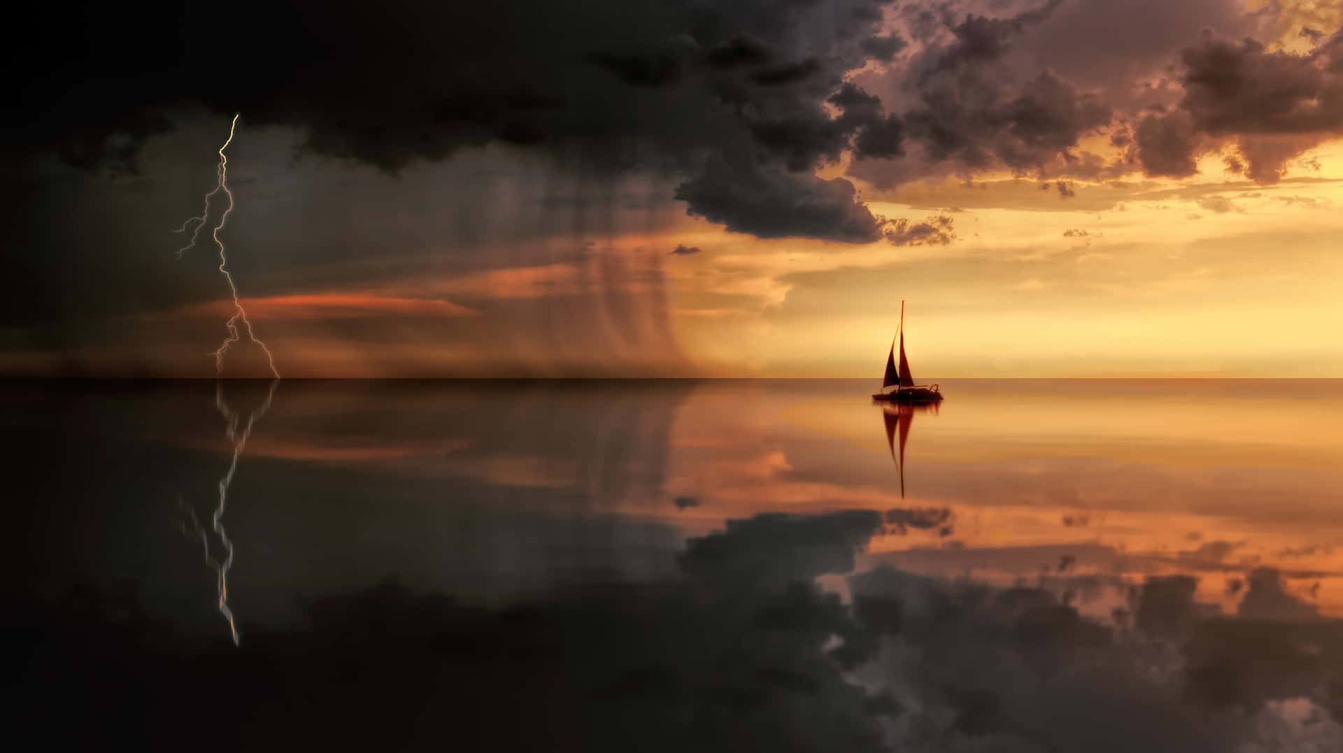 Ominous Calm Water During A Storm Background