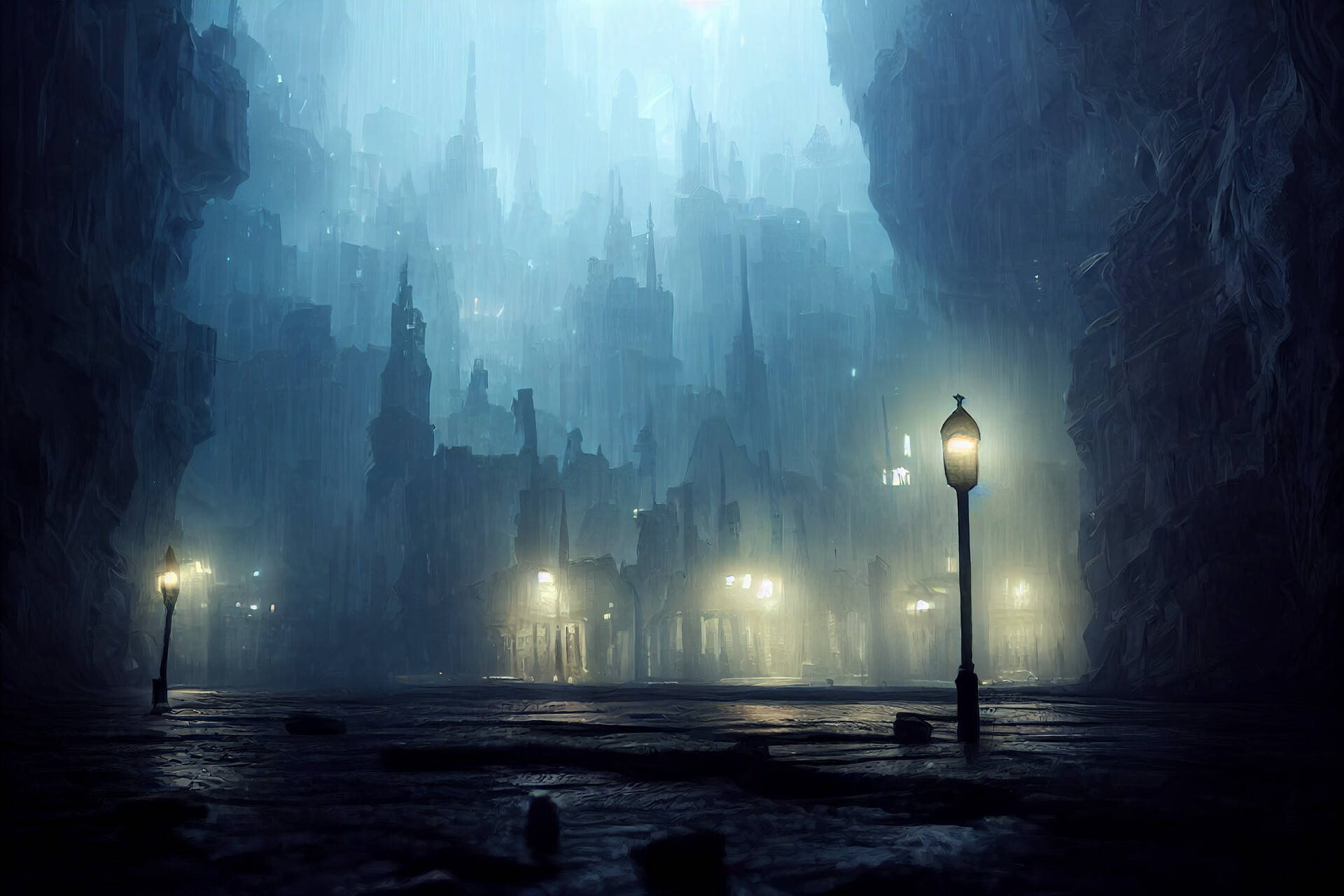 Ominous Foggy Village In The Night