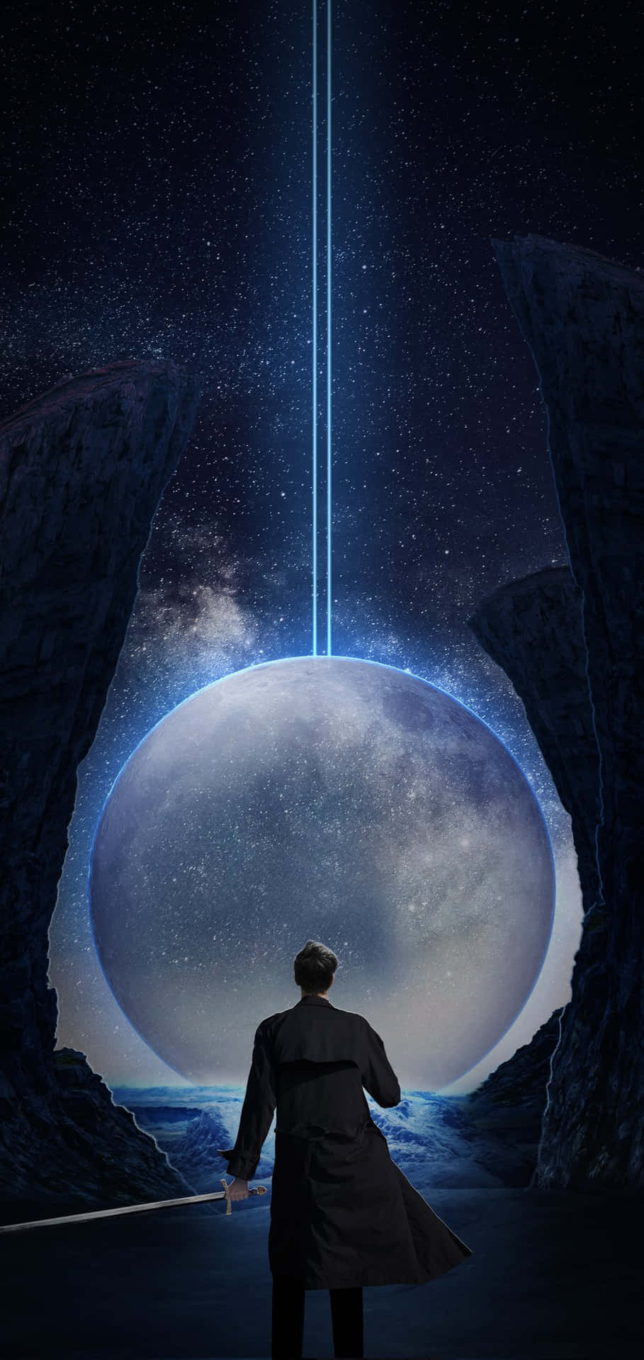 Omniscient Man With Sword Facing Back Background