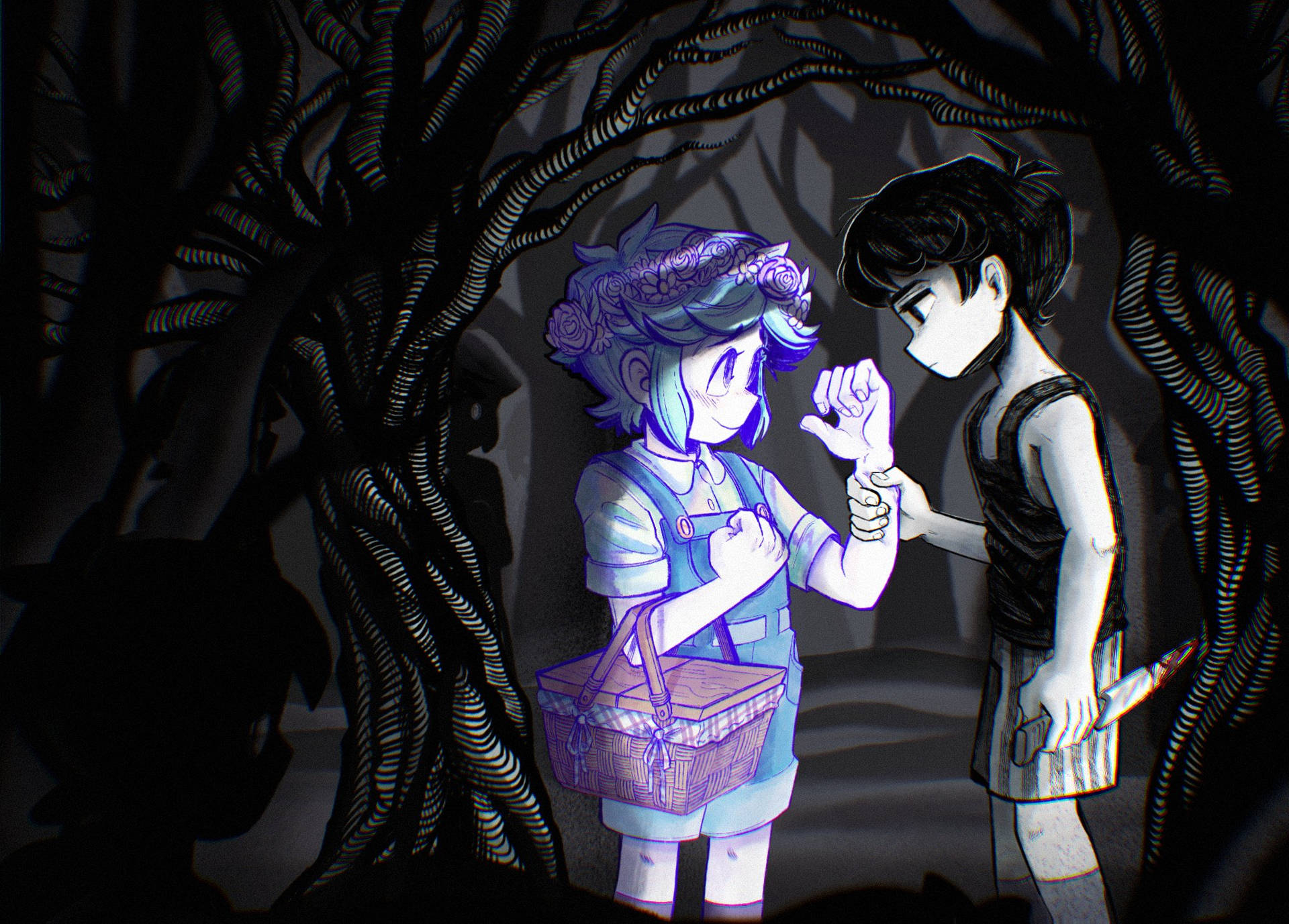 Omori And Basil In Dark Forest Background