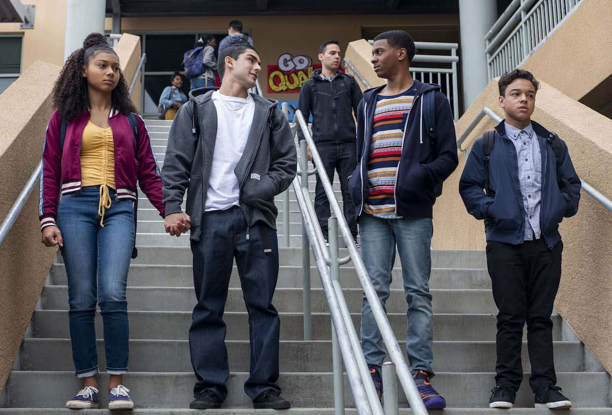 On My Block Characters On Public Stairs Background