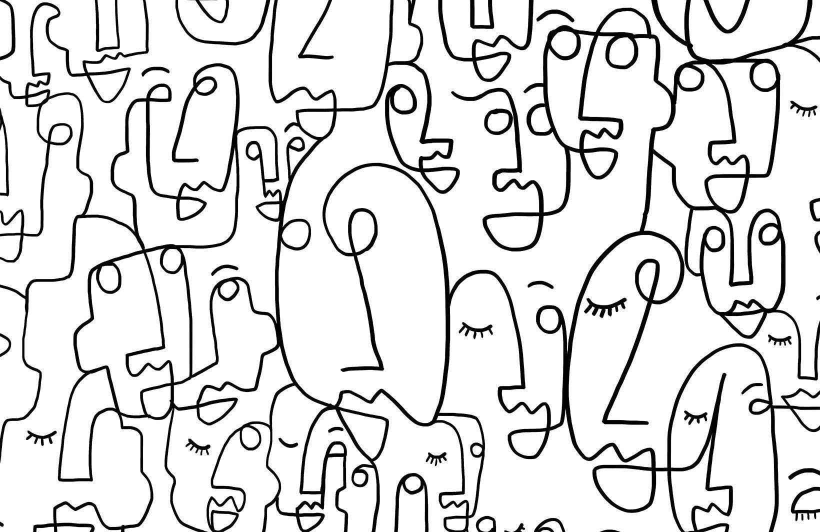 One Line Drawing Abstract Faces Background