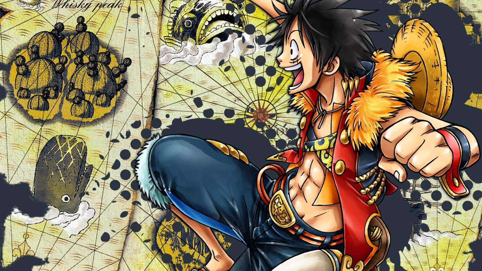One Piece Anime Luffy Happily Jumping Background