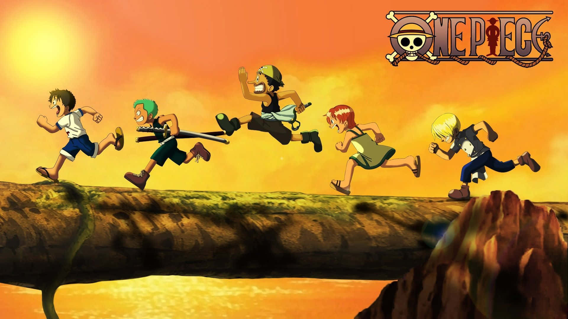 One Piece Chibi Running On A Bridge Background