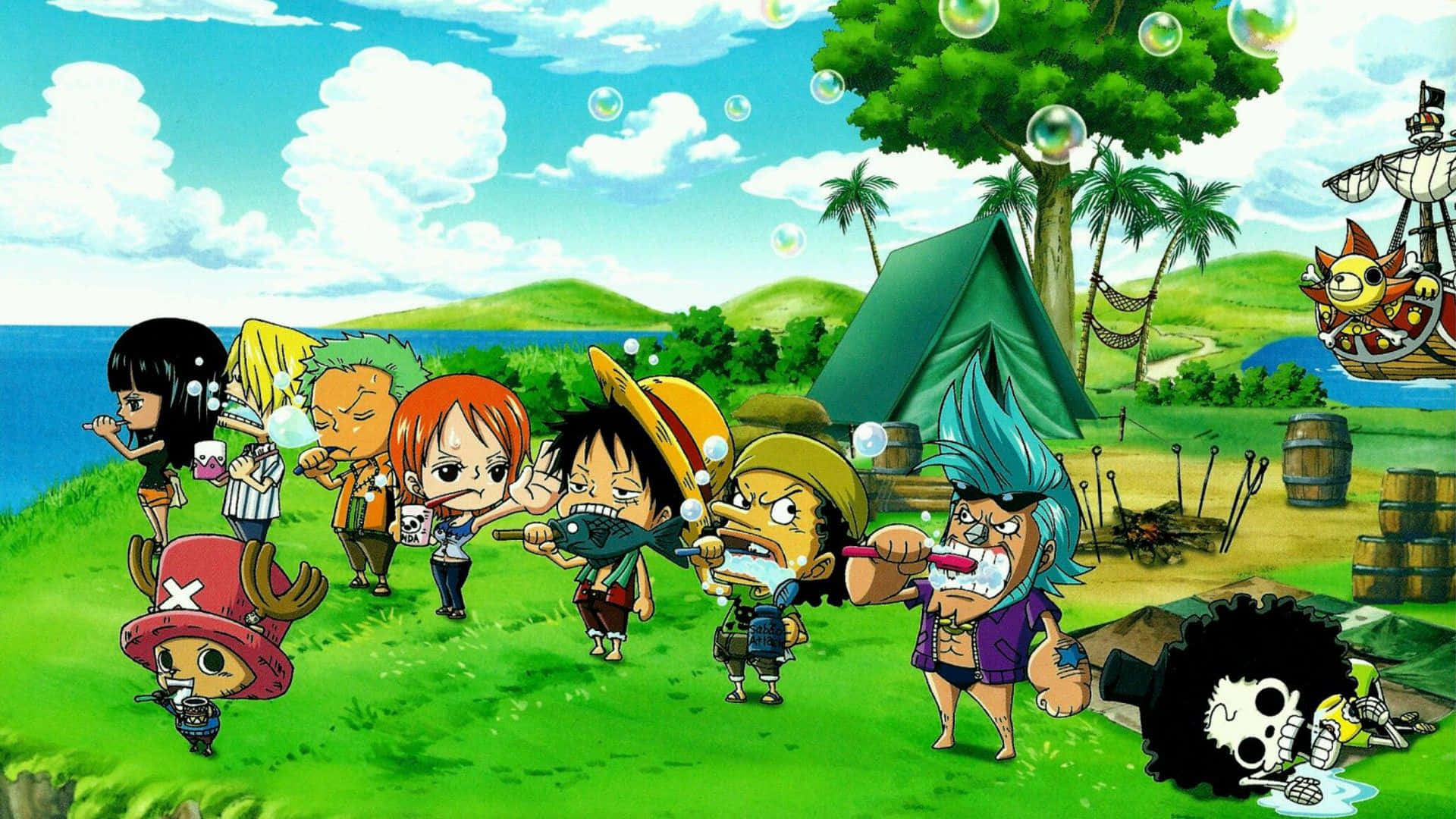 One Piece Chibi Straw Hat Pirates Brushing Teeth Background