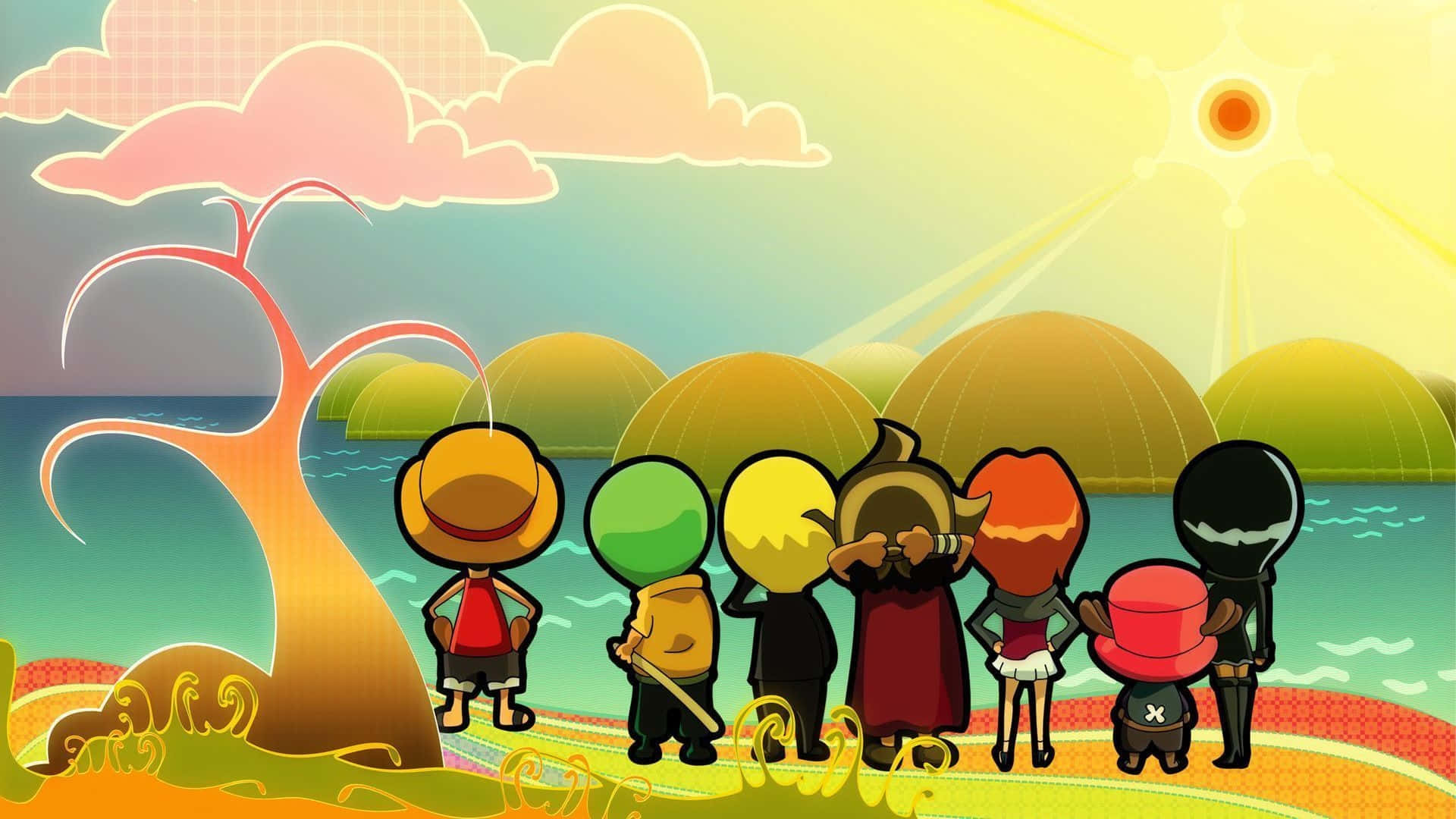 One Piece Chibi Straw Hat Pirates Looking At Sea Background