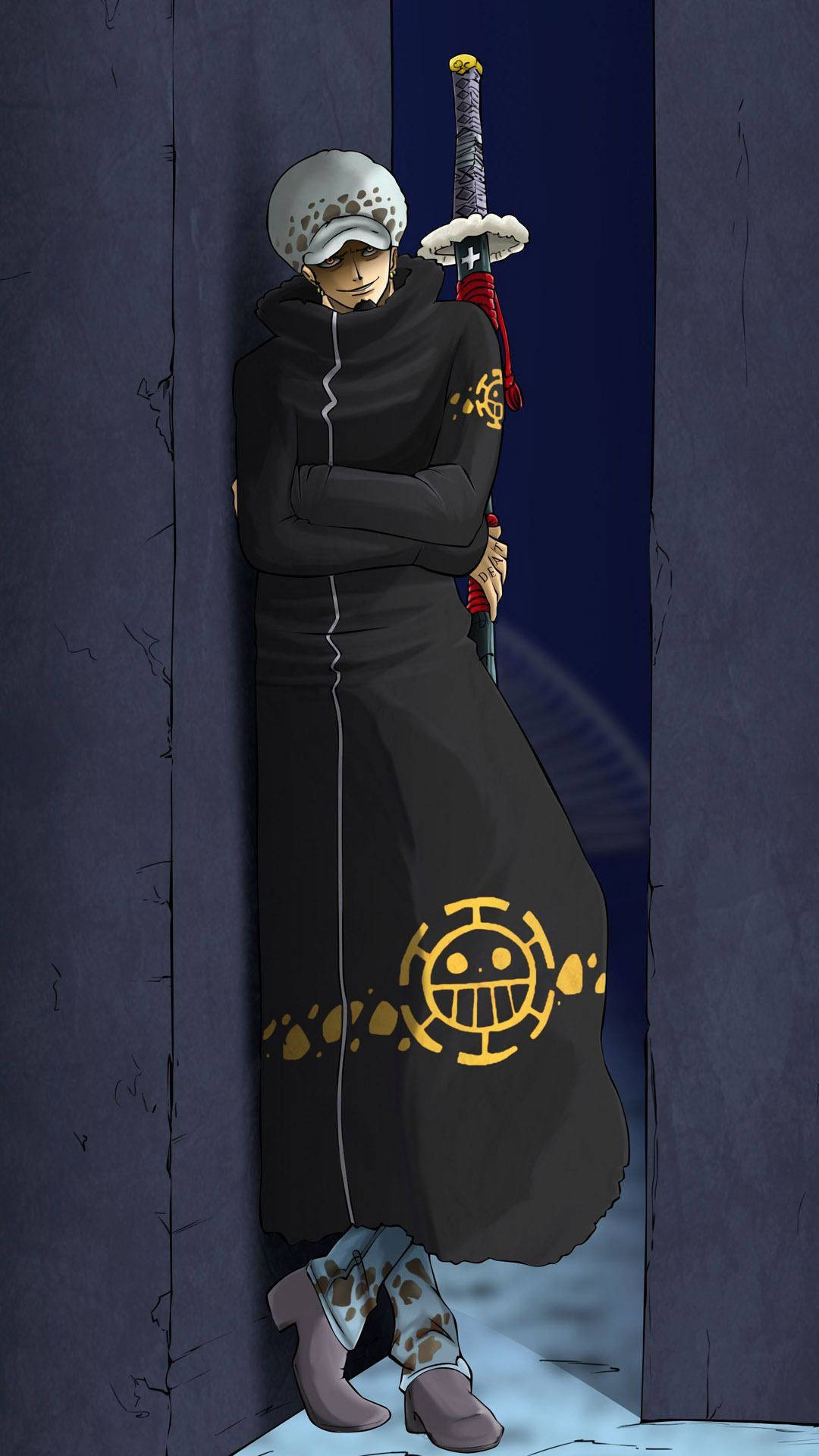 One Piece Phone Law Leaning On Wall Background