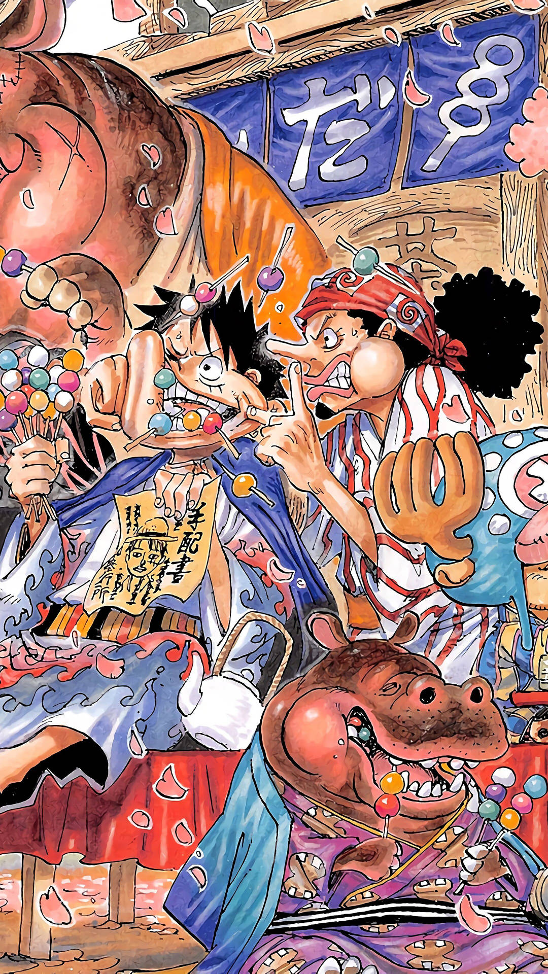 One Piece Phone Luffy And Usopp Eating Dango Background