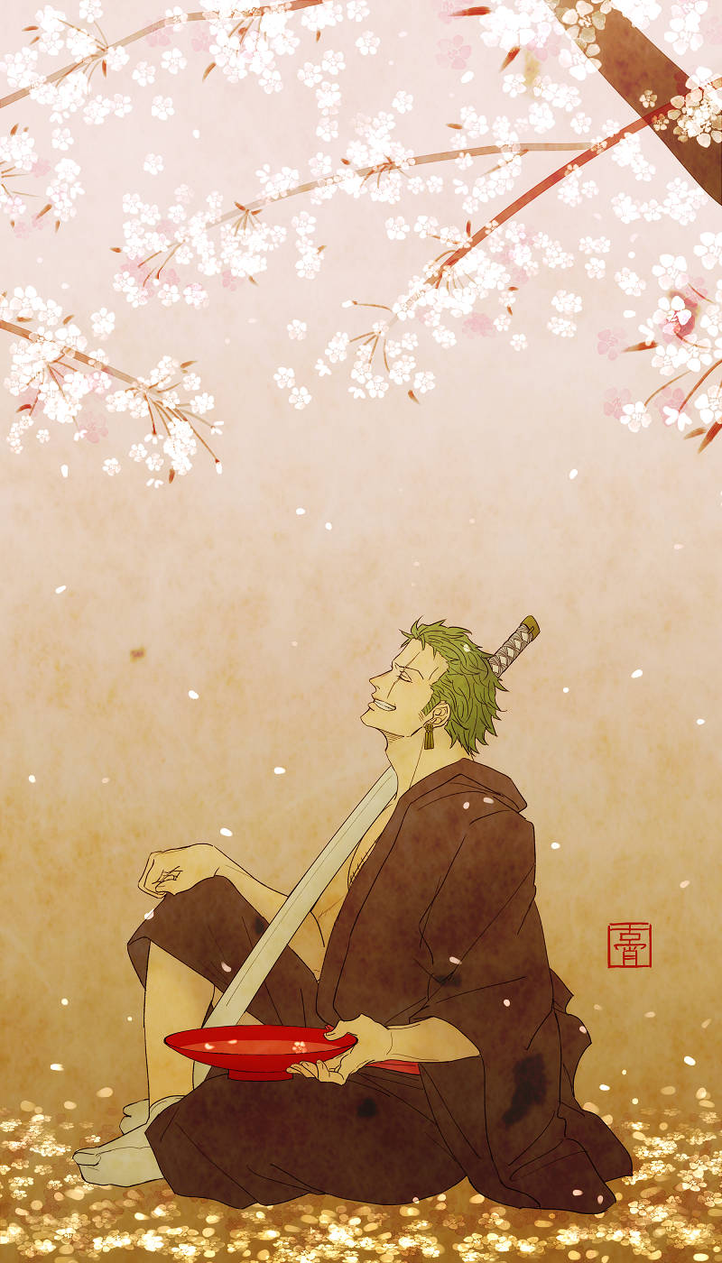 One Piece Phone Zoro Under Sakura Tree Background